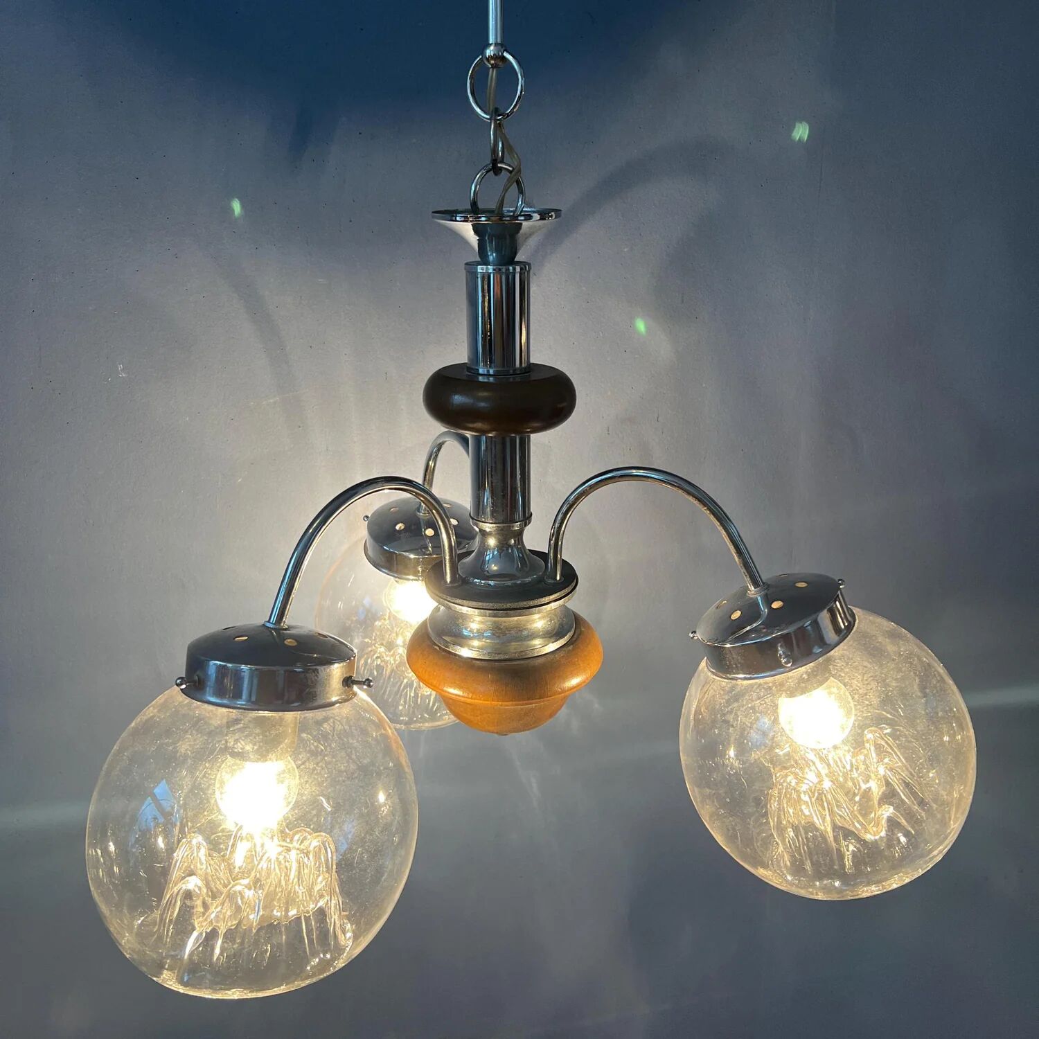 Vintage clear glass Murano chandelier with chrome frame