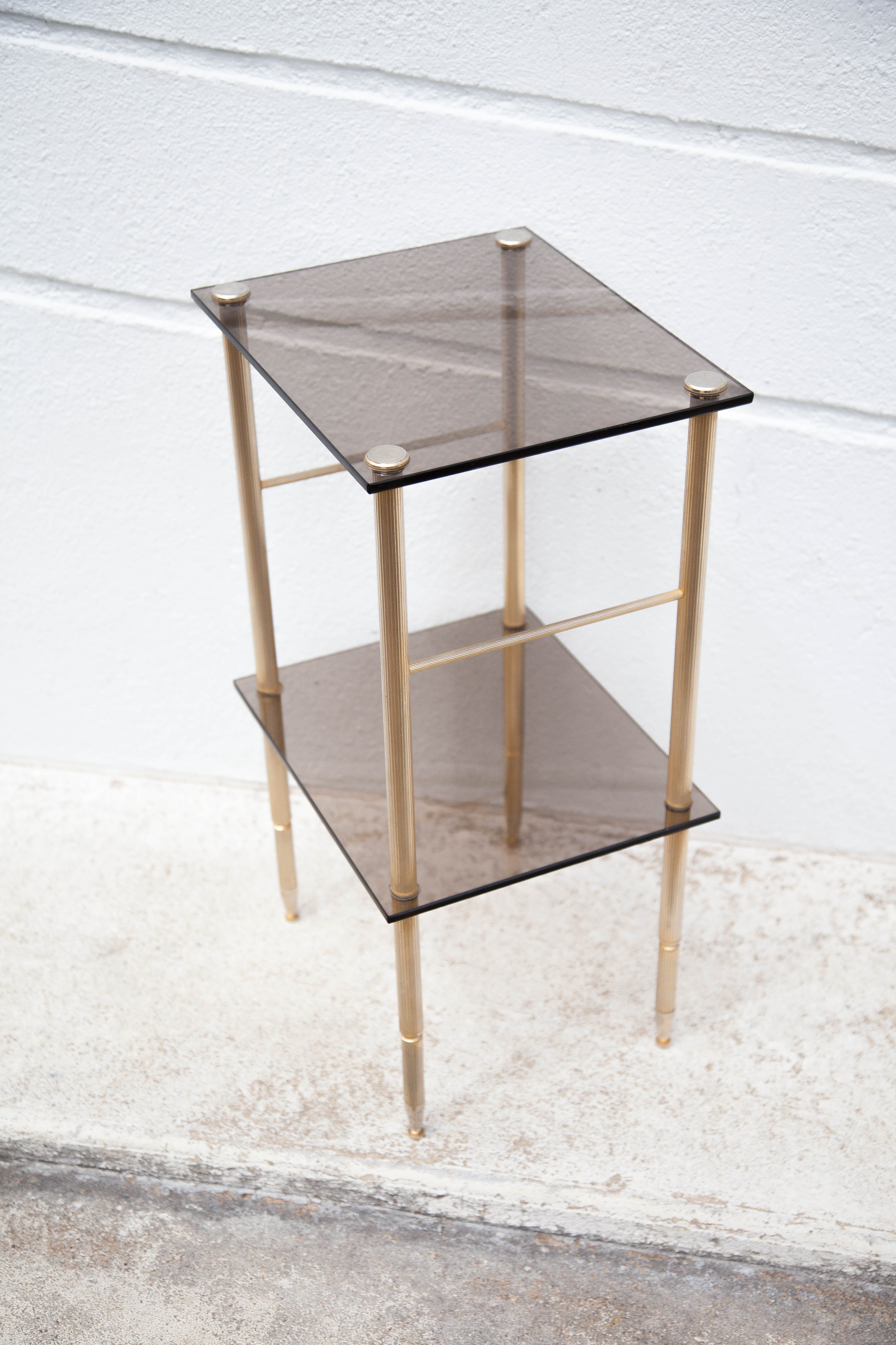 Vintage brass and smoked glass side table, pedestal table, bedside table, end table