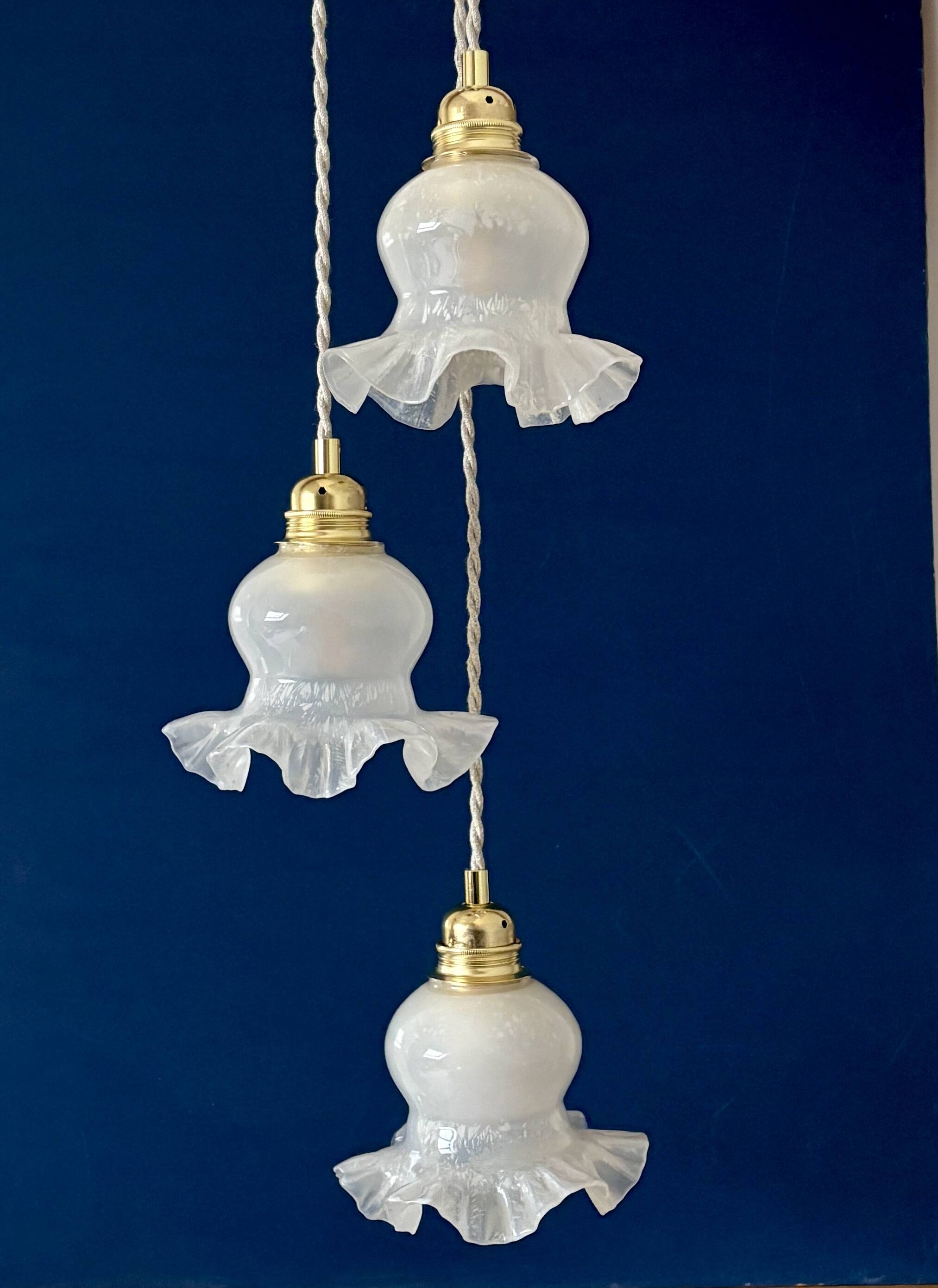 Vintage triple tulip pendant light in white glass