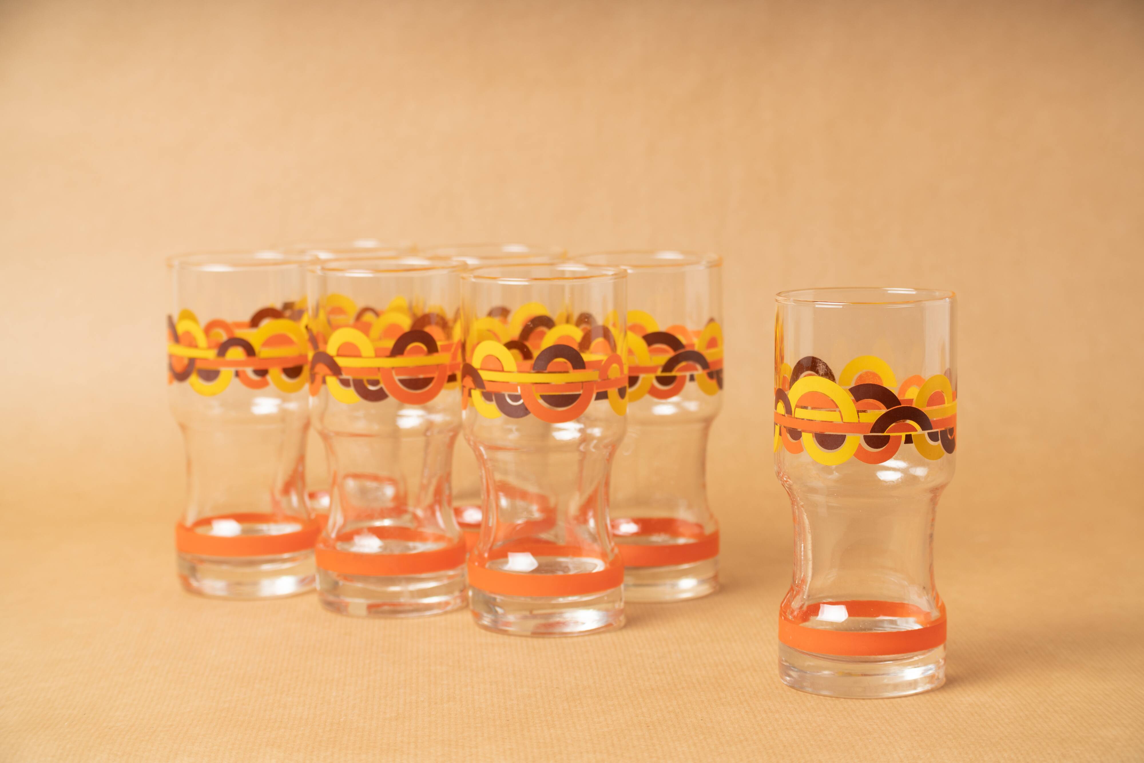 7 glasses orangeade orange pattern circles silkscreen prints vintage 1970