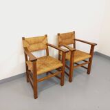 Set of 2 vintage brutalist armchairs in oak wood and straw