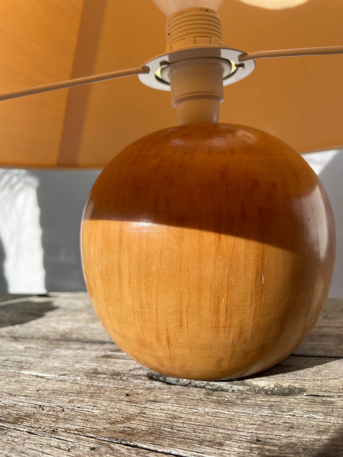 Wooden ball lamp with beige lampshade, 1980