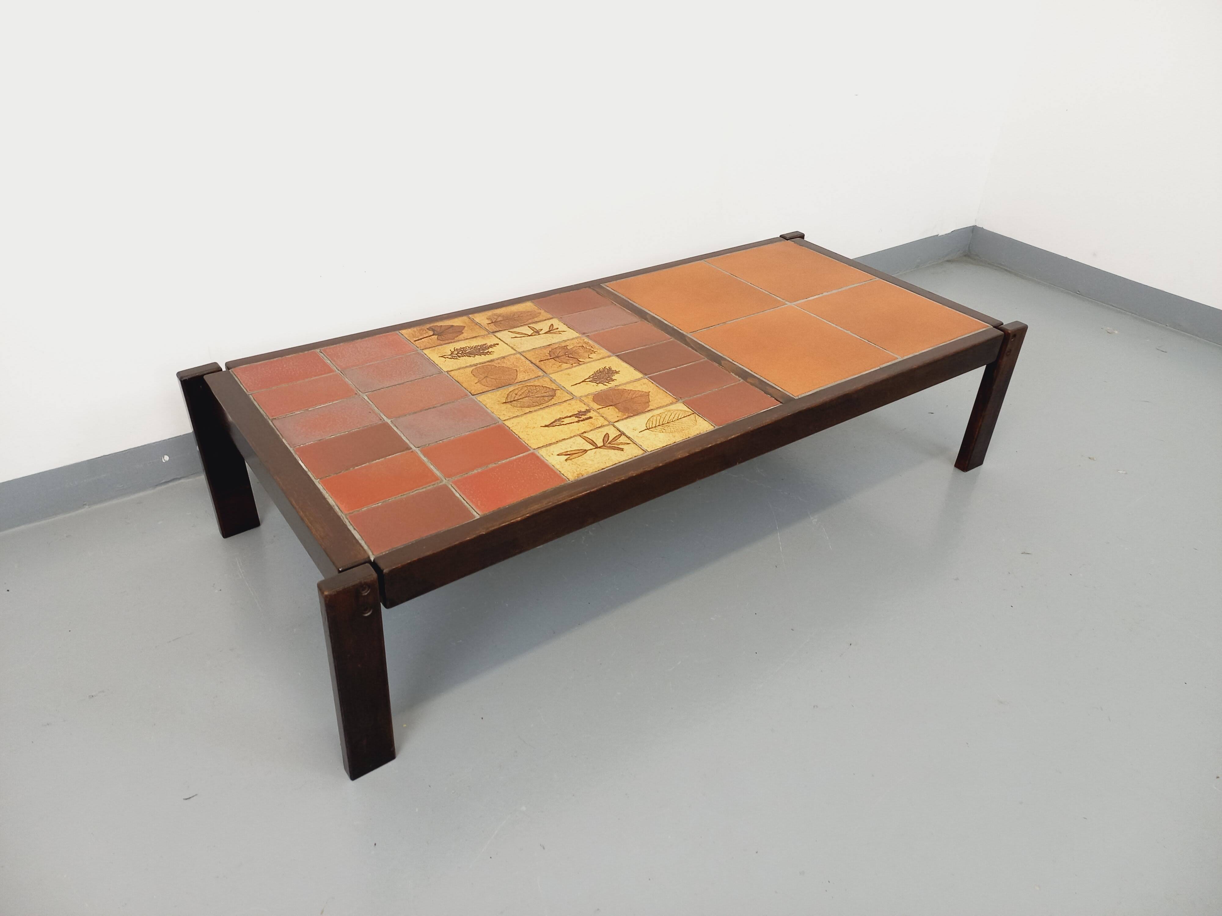 Vintage Roger Capron coffee table in dark wood and Vallauris ceramic from the 60s 70s