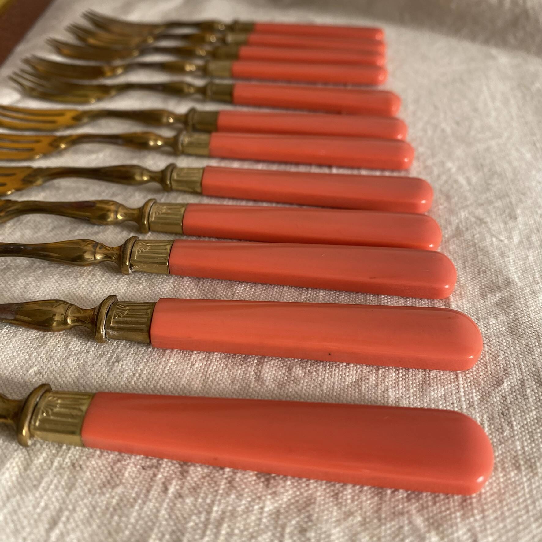 Set of 12 coral and gold dessert forks
