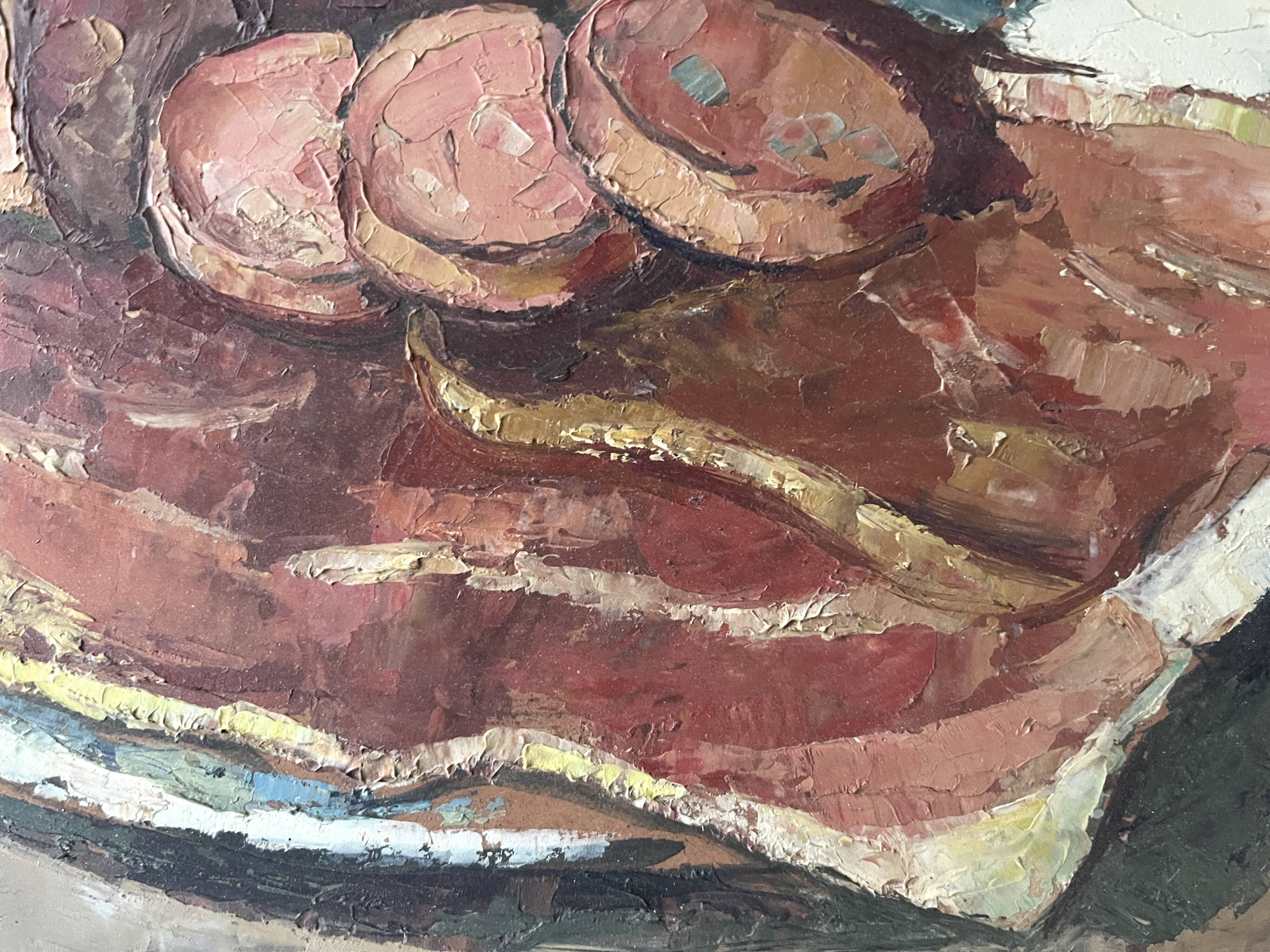 Oil on canvas still life with a baguette and sausage from the 1940s.
