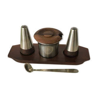 Ensemble set sel, poivre et pot a condiment en teak de lundtofte danemark 1960