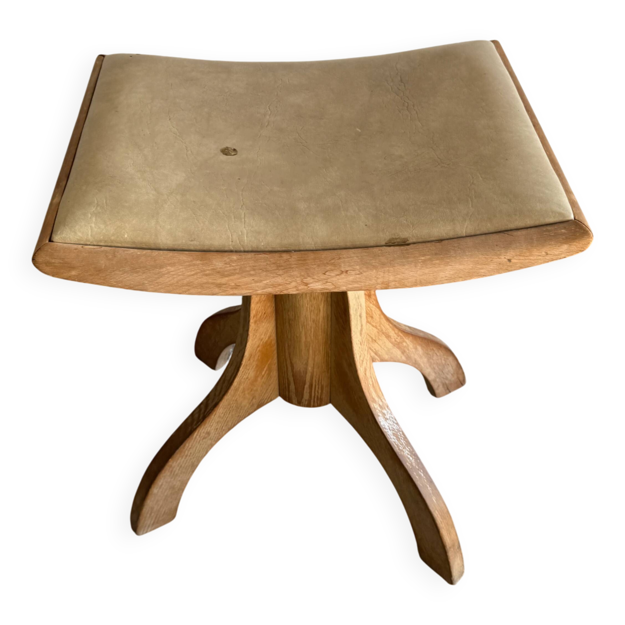 Vintage natural wood stool with light yellow faux leather seat and crossed splayed base