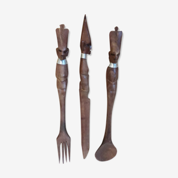 Set of 3 cutlery made of raw exotic wood from Kenya