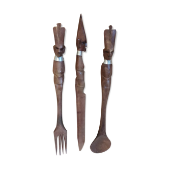 Set of 3 cutlery made of raw exotic wood from Kenya