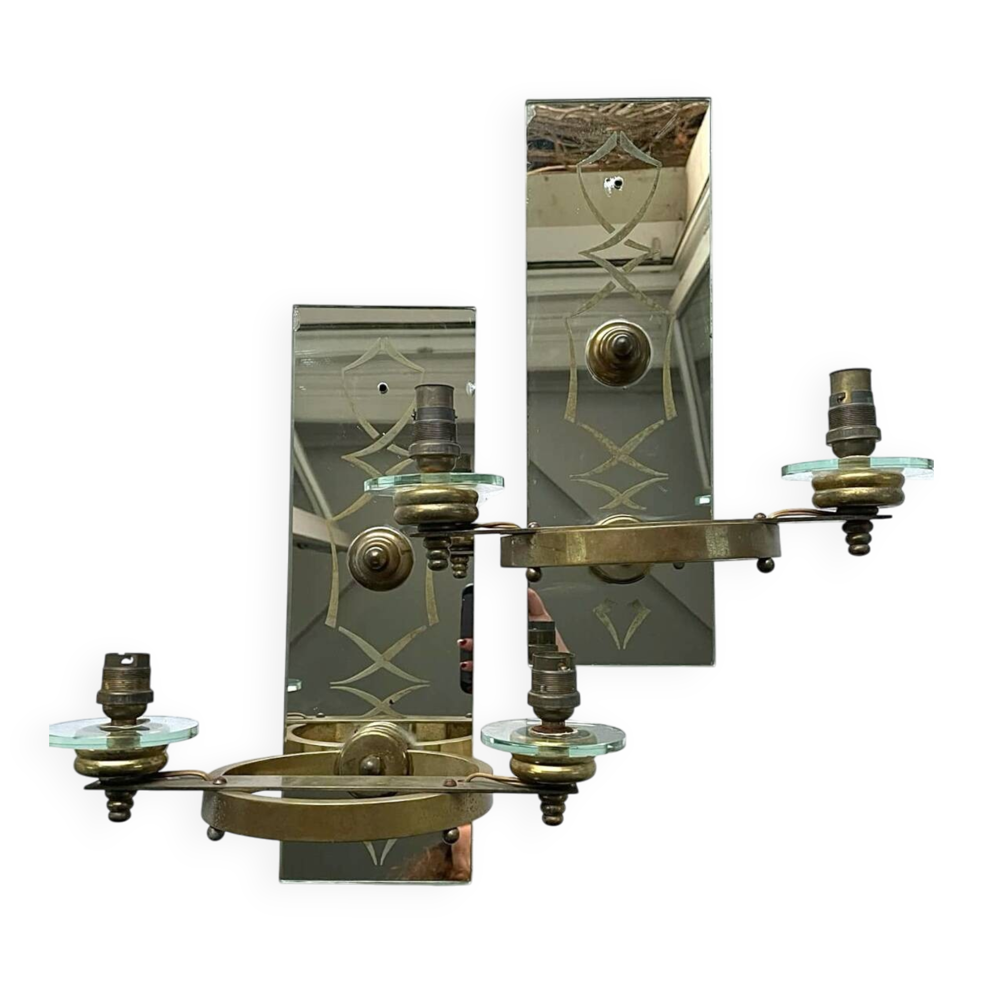 Pair of Italian art deco wall lights in mirror and brass, vintage, 1930s