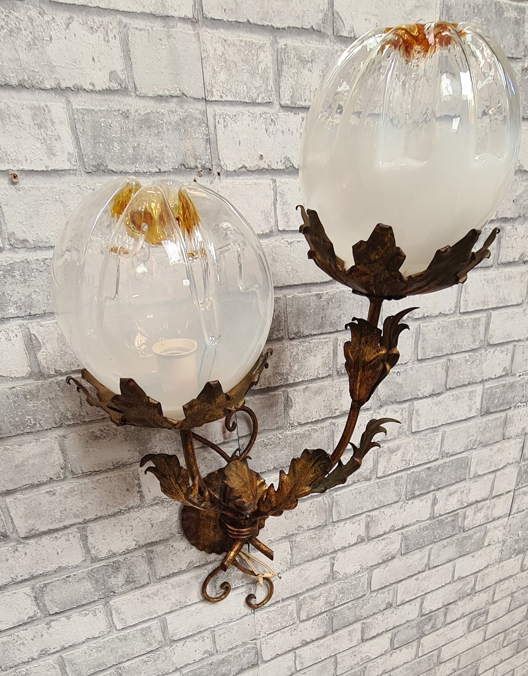 fleural wall lamp vintage golden metal Italian design 1960 murano mazzega