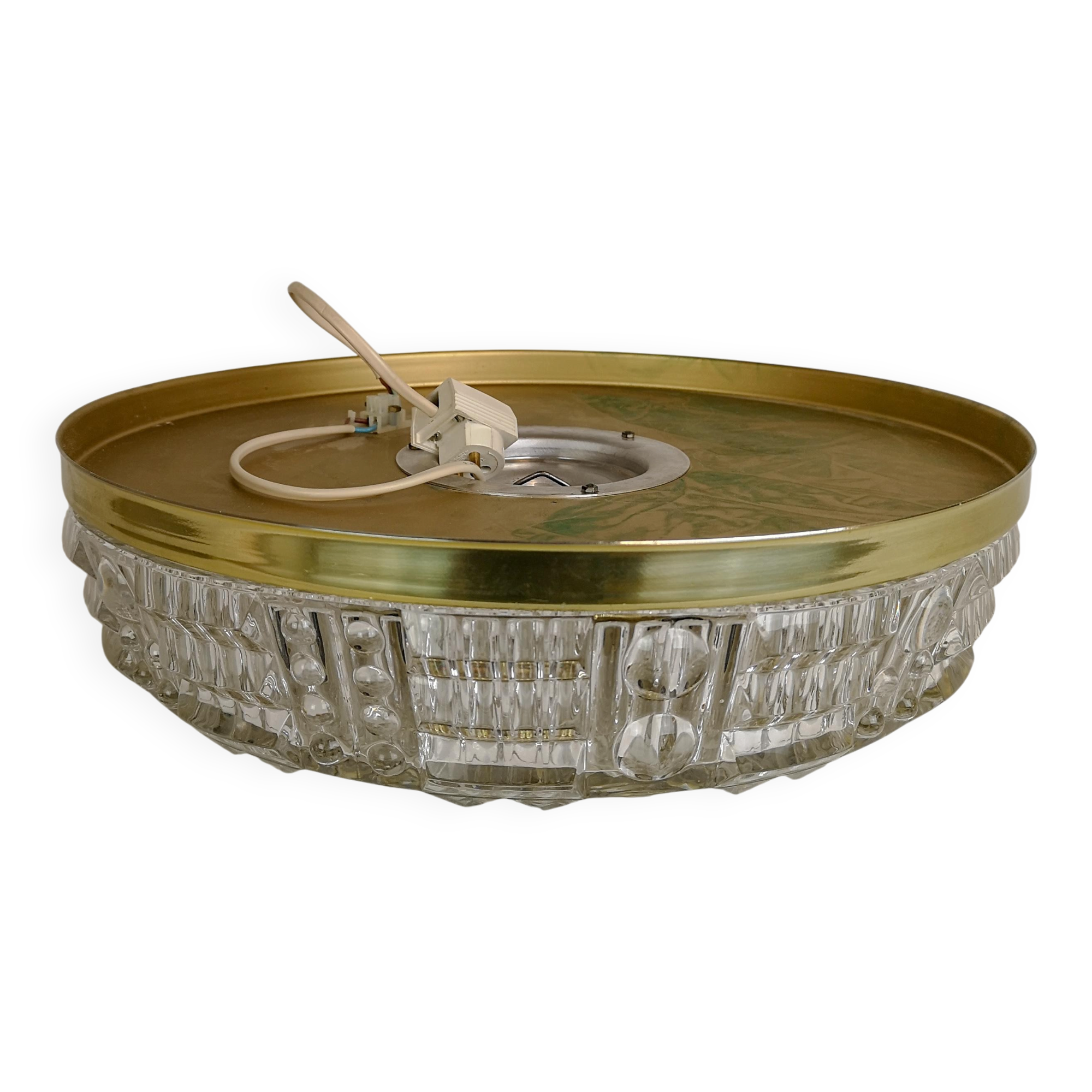 Midcentury crystal and brass ceiling lamp by Orrefors, Carl Fagerlund, 1970s, Sweden.