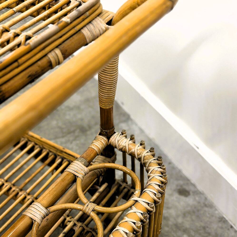 Vintage Italian rattan bar cart with bottle holder, 1970s