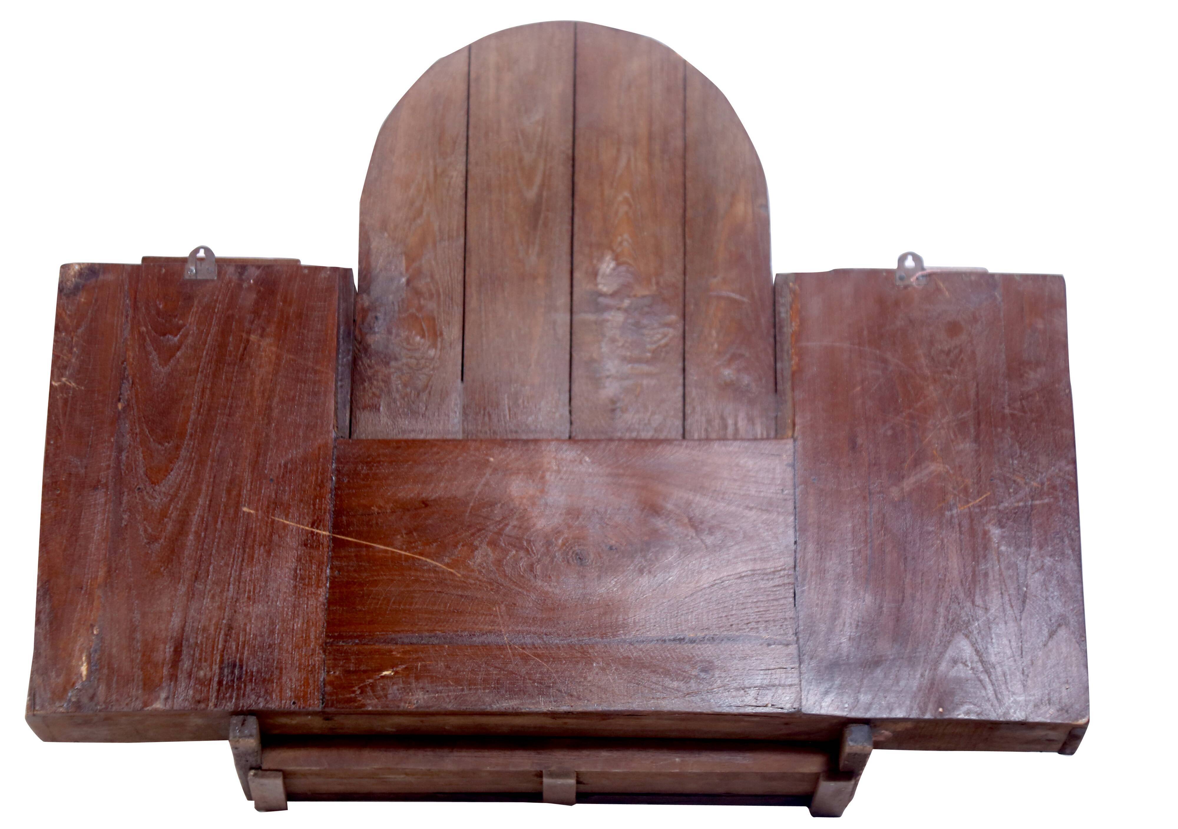 Tryptic wall shelf in ancient Burmese teak with round mirror