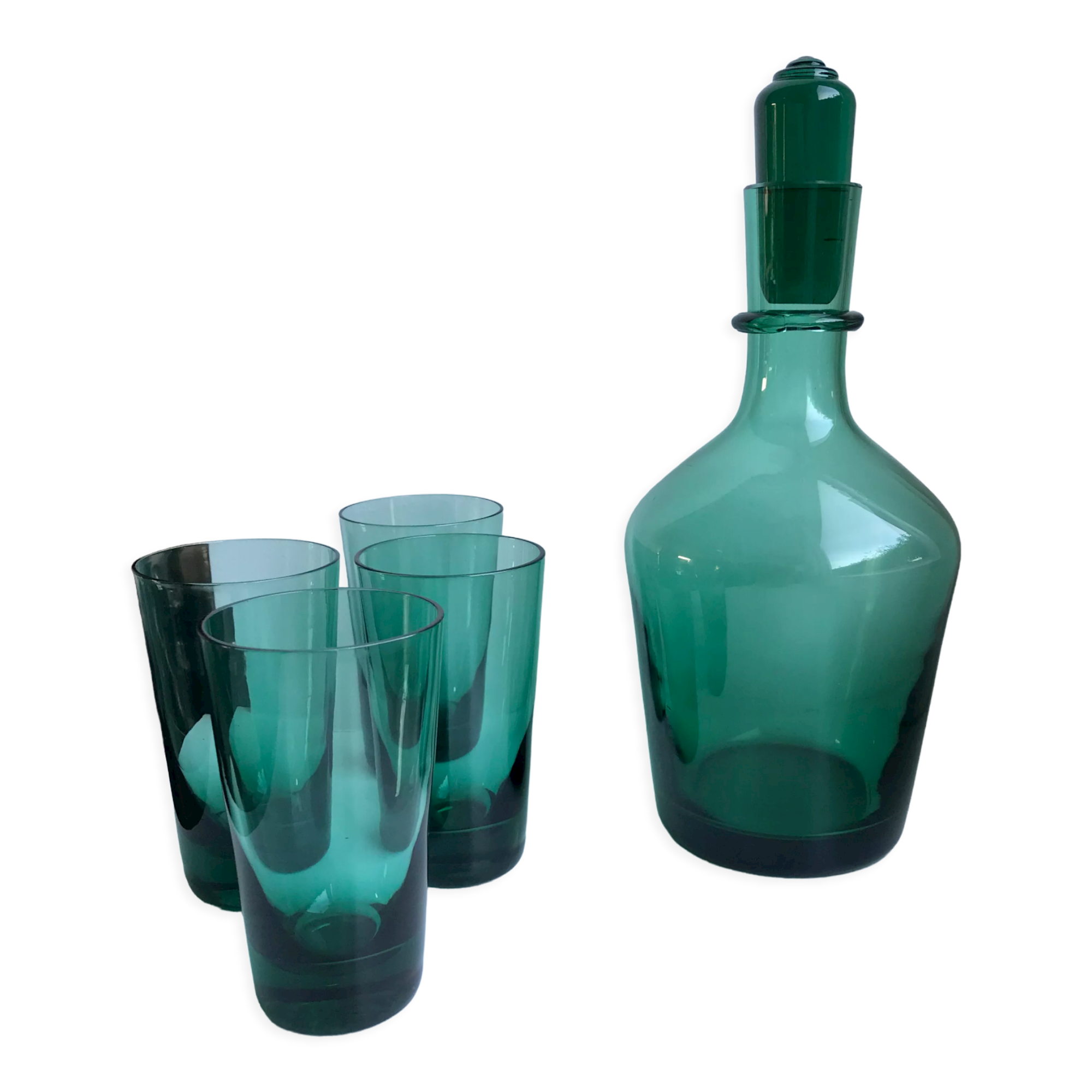 Set of a decanter and 4 design glasses in green glass 70s