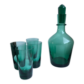 Set of a decanter and 4 design glasses in green glass 70s