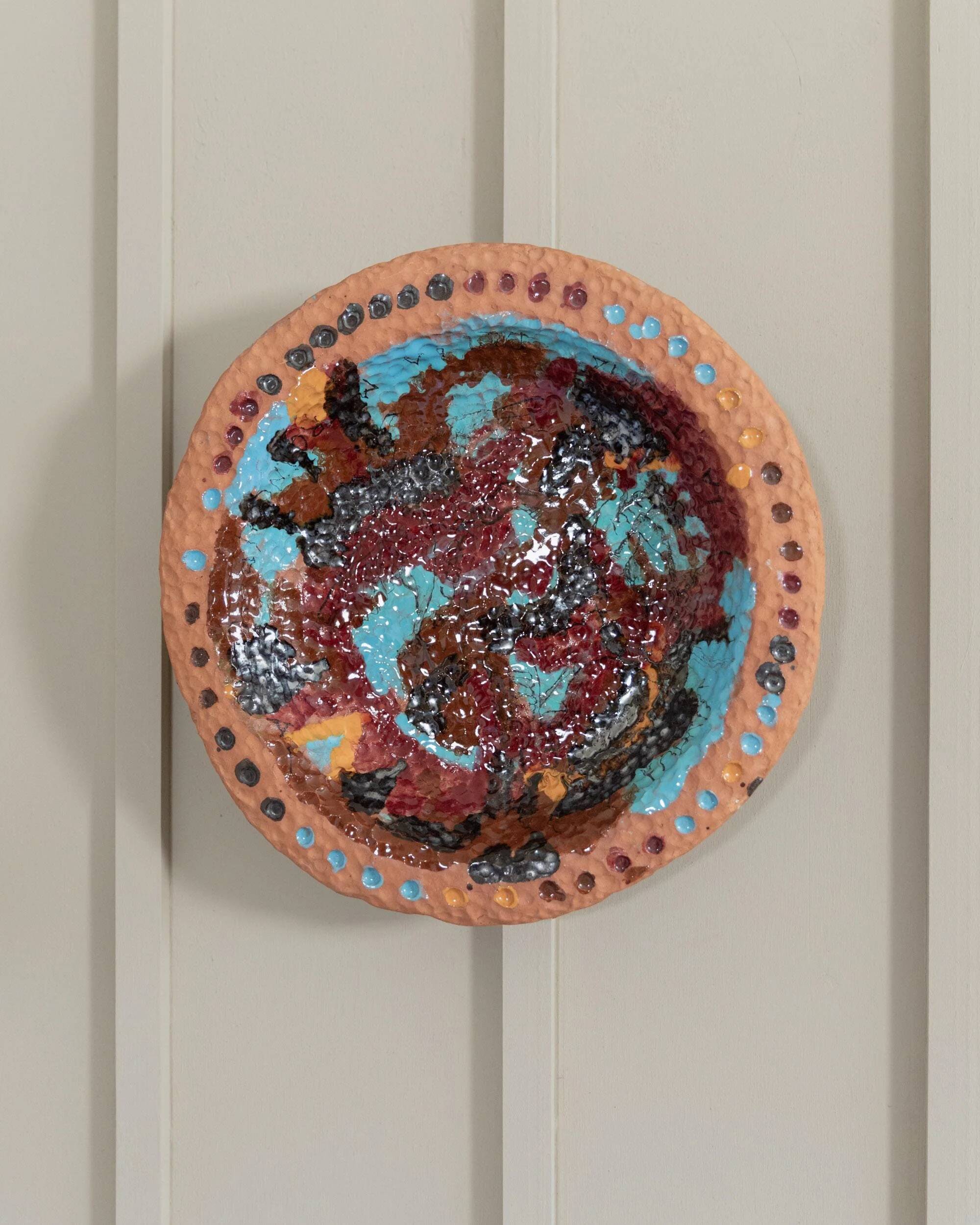 Vintage 1970s ceramic workshop bowl, naive handcrafted shape with coloured glaze, terracotta fruit bowl or wall plate, elegant gift idea.