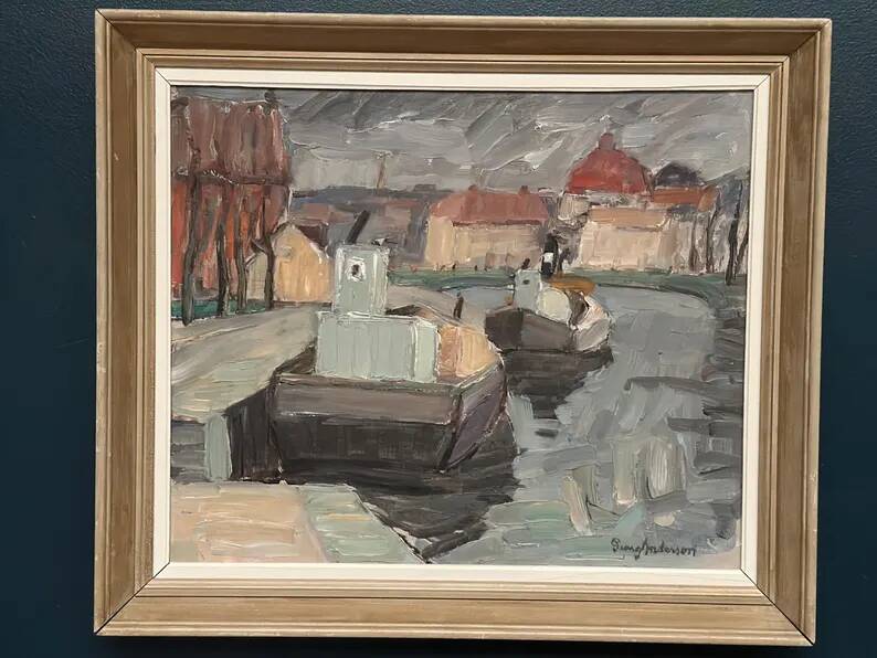 Original Swedish Oil on Canvas –“Harbour” by Georg Andersson – Signed – Vintage & Framed – 52 × 40 cm (20.4" x 15.7")