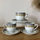 Lot de 3 tasses à café et soucoupes en céramique bleue et jaune