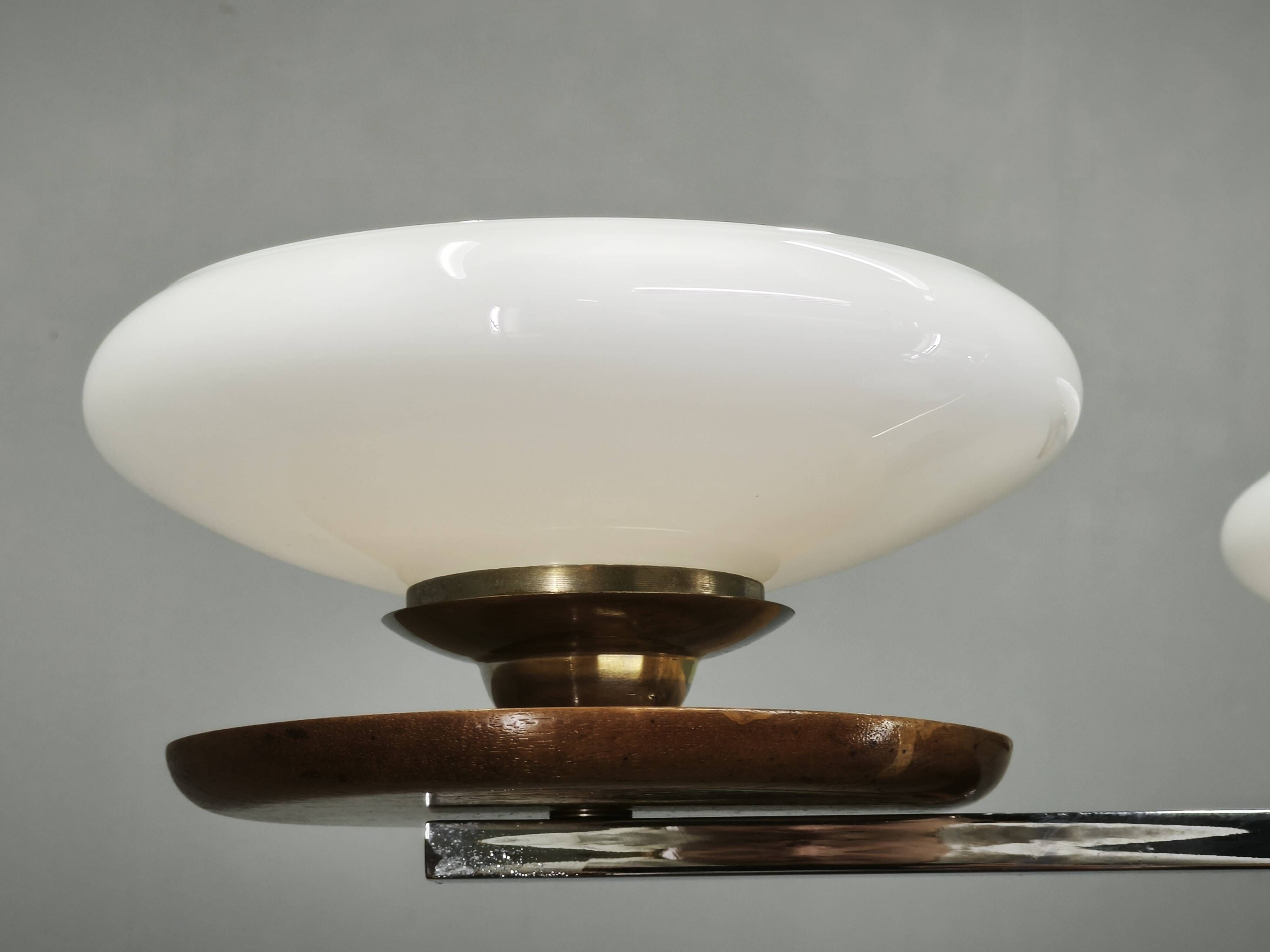 Czech Art Deco Walnut, Chrome and Opaline Glass Chandelier, 1930s