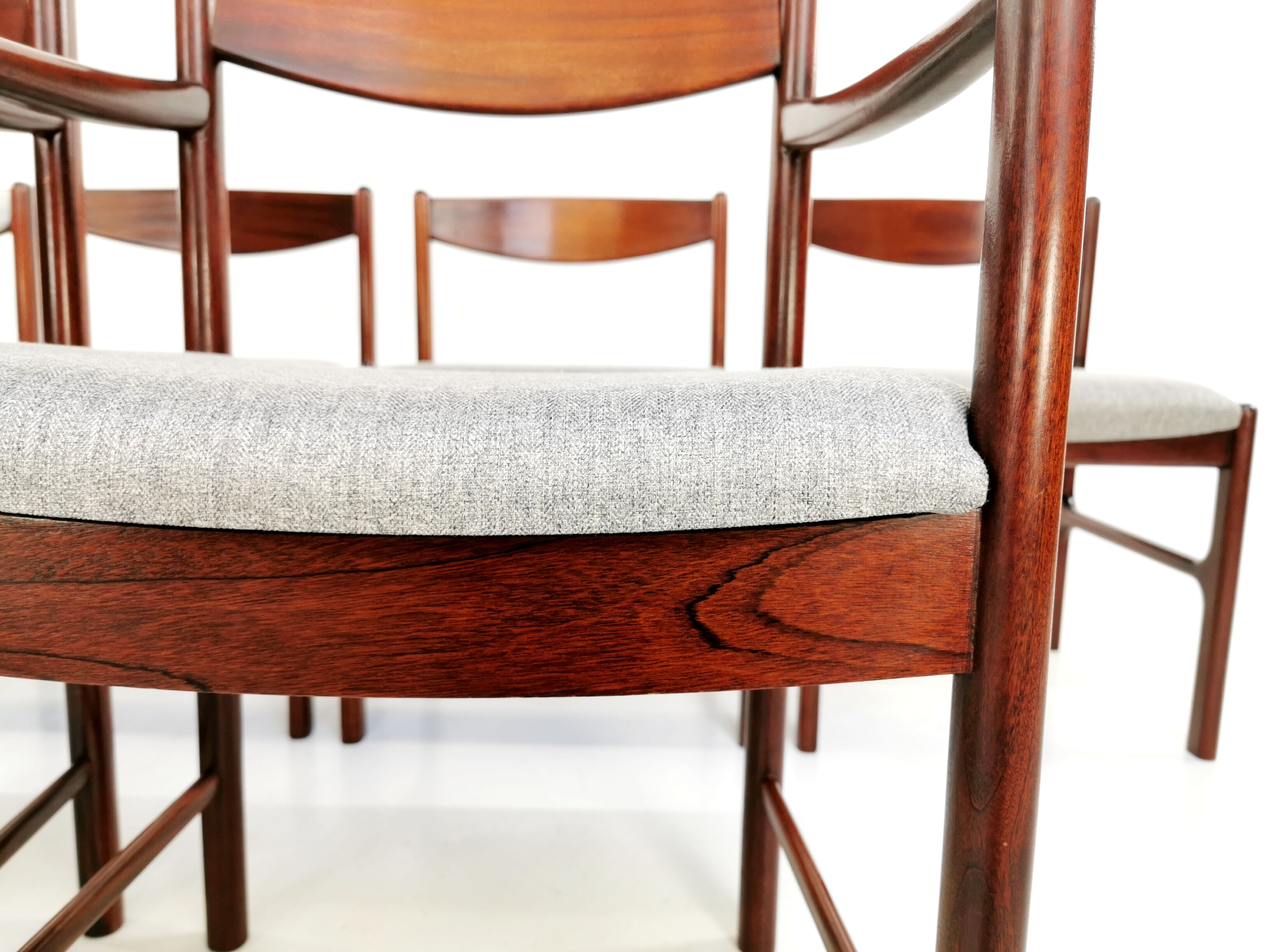 Set of 6 newly upholstered Mcintosh grey herringbone rosewood dining chairs