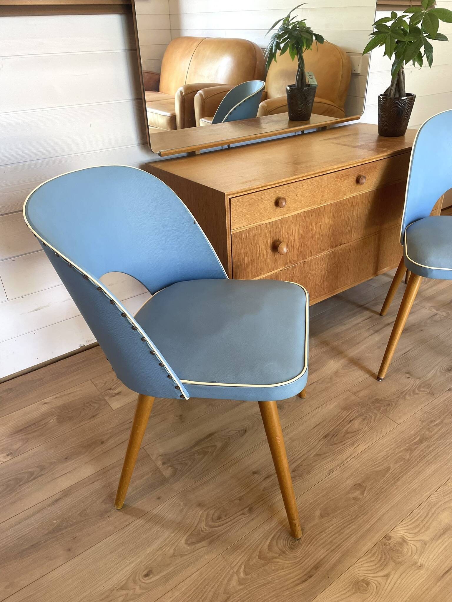 Vintage 1950s Chair Pair – Blue Faux Leather & Compass Legs (Guaric Style)