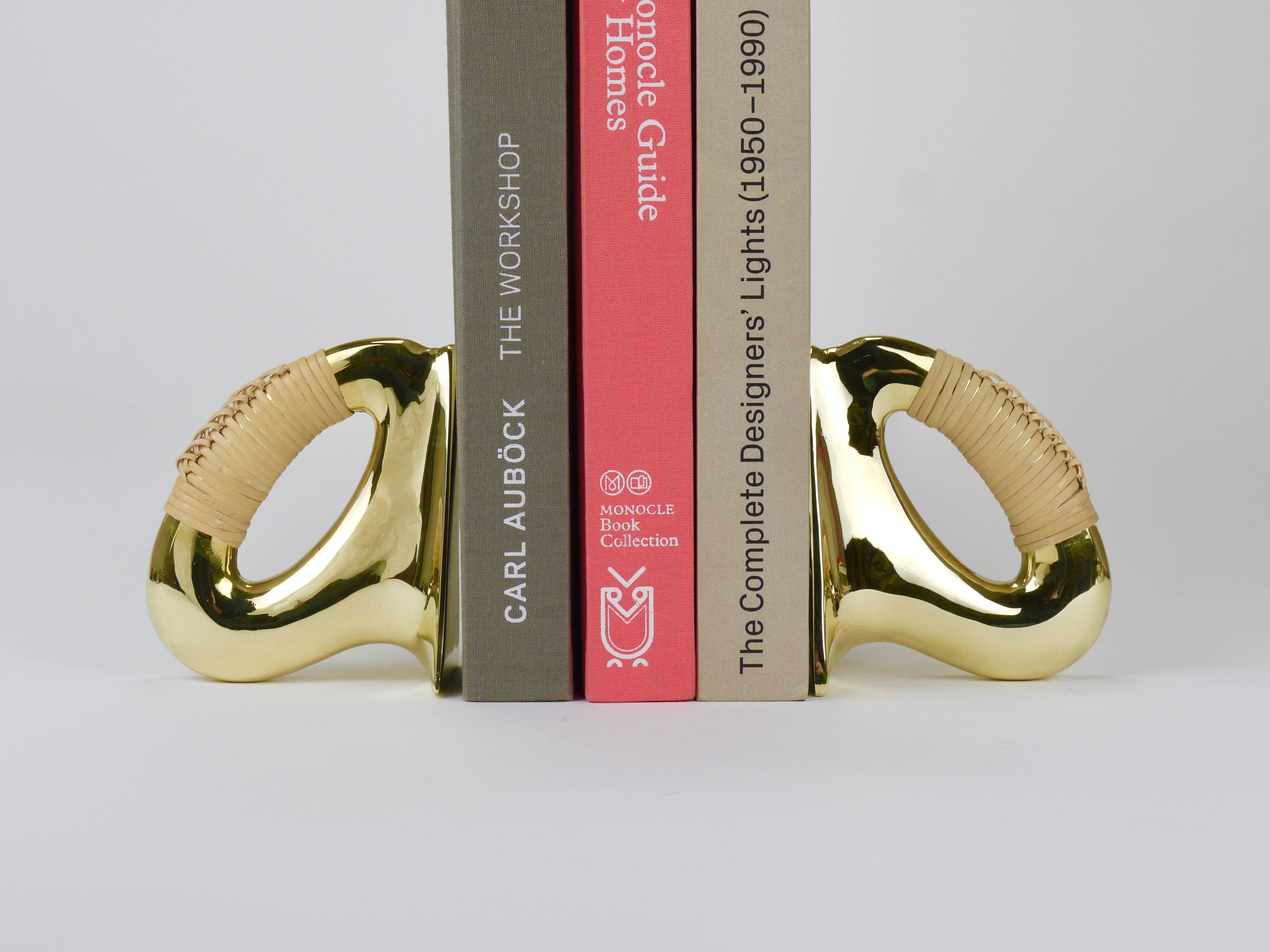 Pair of Carl Auböck Flat Iron bookends in brass and rattan #3530, Vienna, Austria