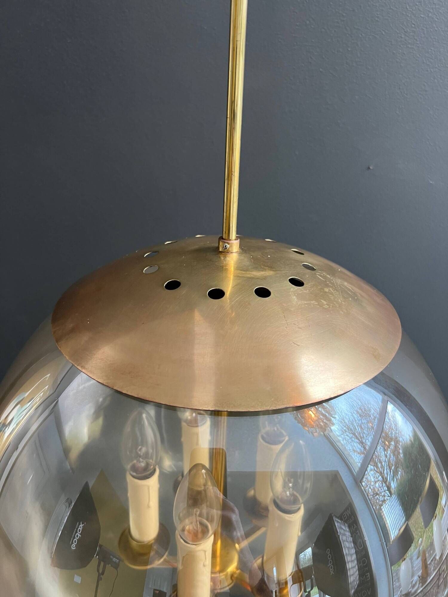 Smoked Glass and Brass Four-Light Suspension Pendant. French Work.