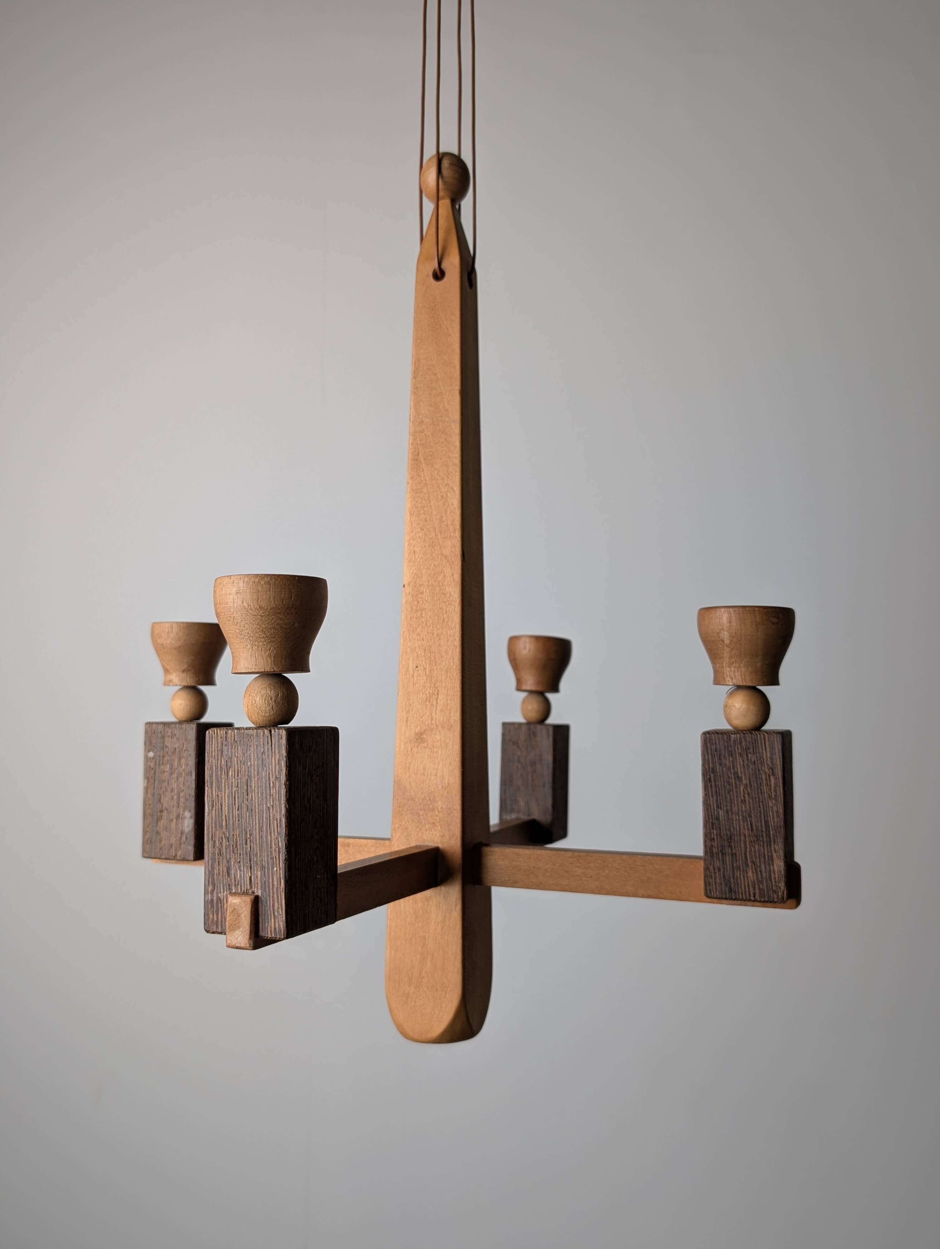Danish hanging wooden candelabra, Art Deco style, 1970s