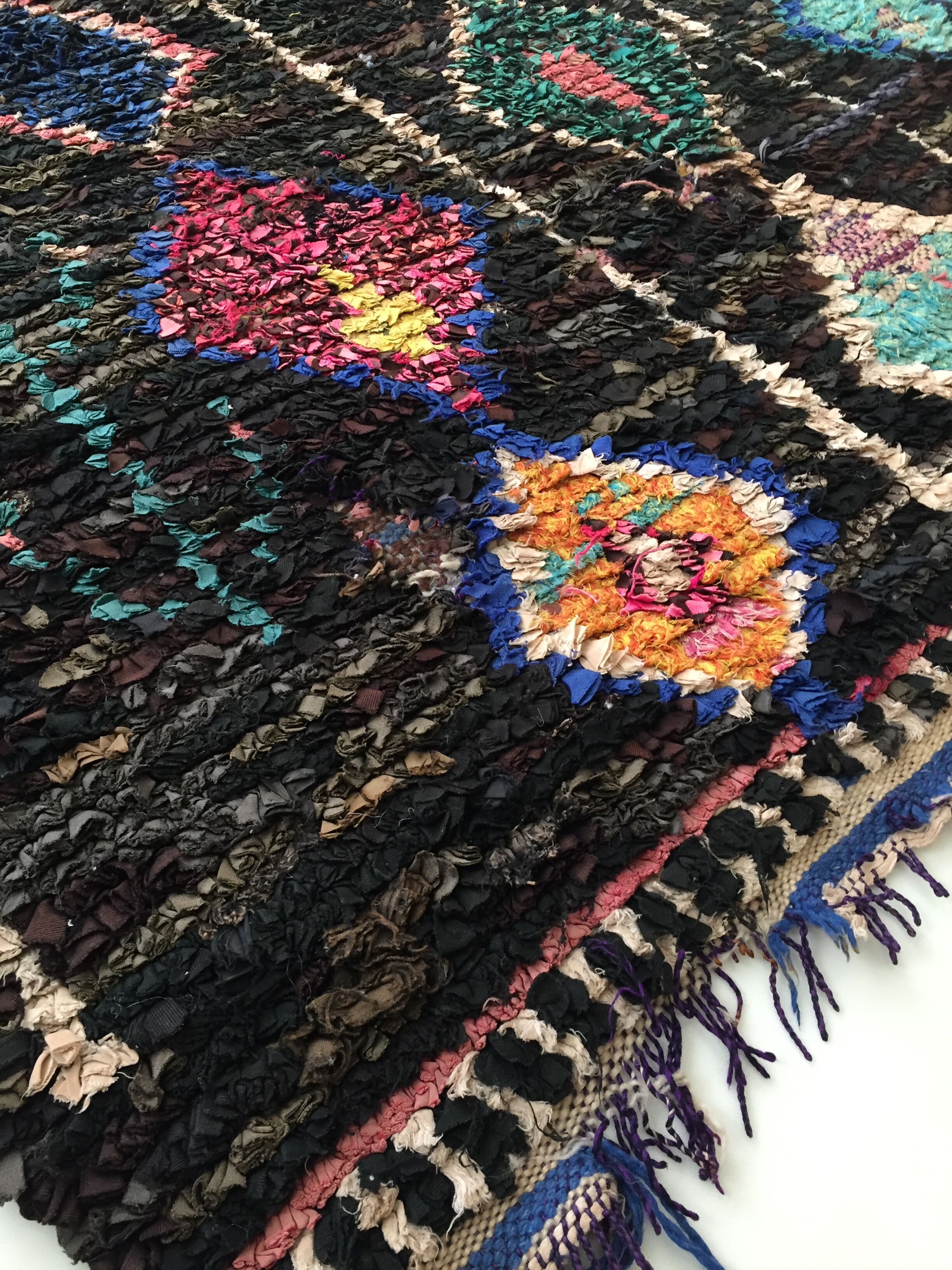 Moroccan Berber carpet Black Boucherouite with diamonds and colorful patterns 192x145cm
