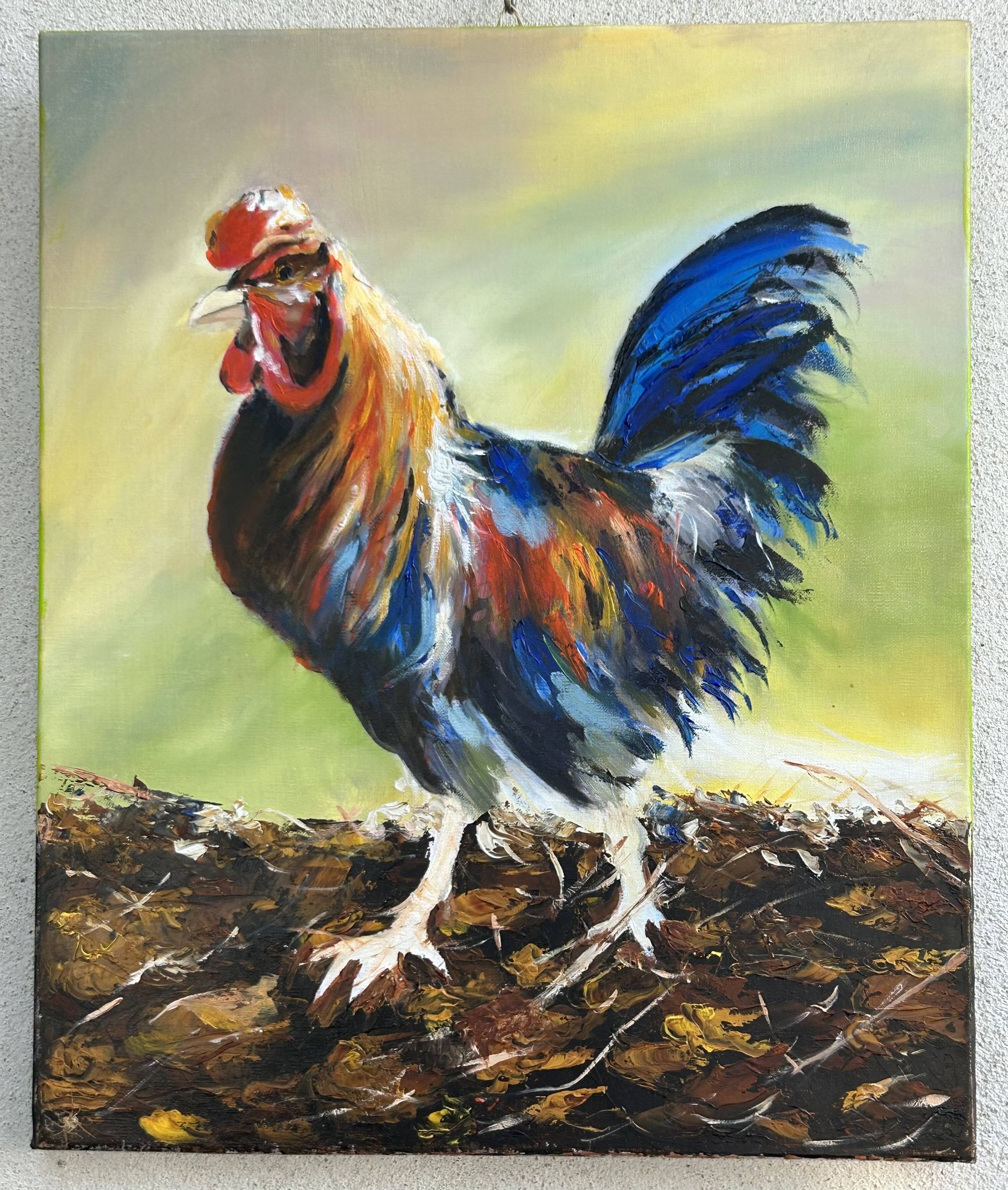 Oil on canvas, Colourful rooster painted with a knife in bright colours, Ballarin Evelyne