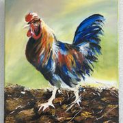 Oil on canvas, Colourful rooster painted with a knife in bright colours, Ballarin Evelyne