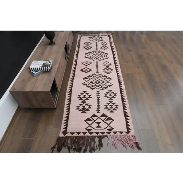 1970s vintage Turkish Oushak handmade wool cotton pink runner rug 98x317