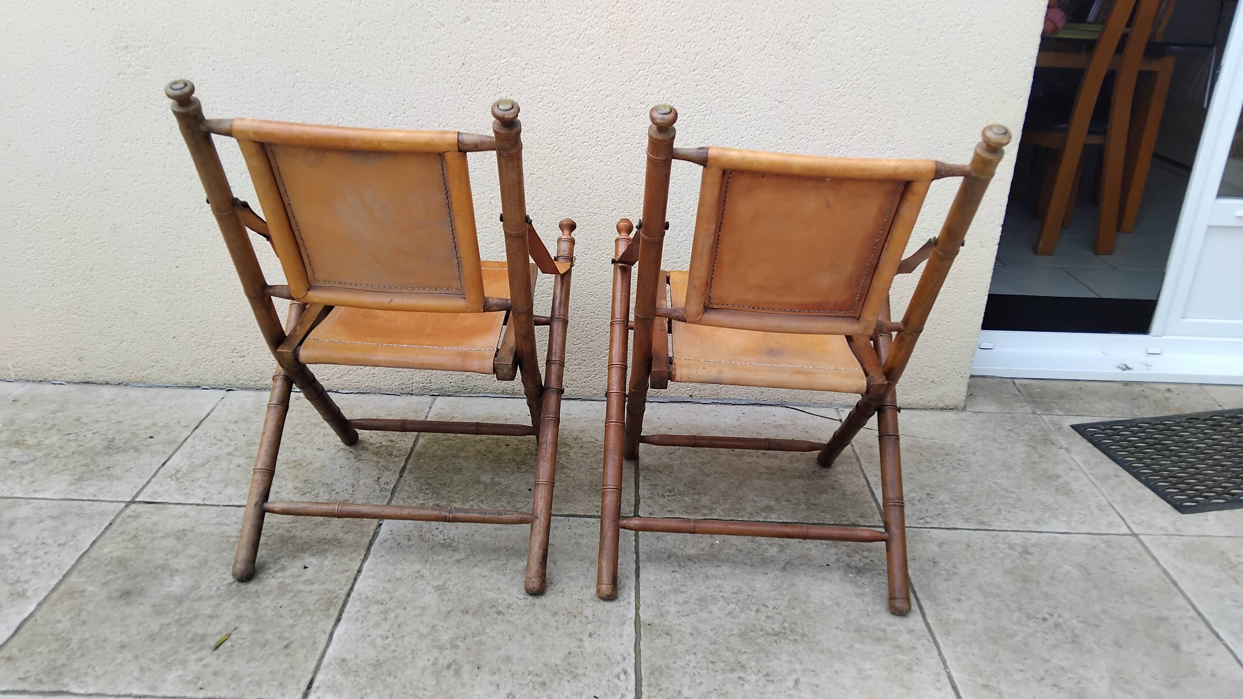 Vintage leather and wood folding chair SAFARI pair