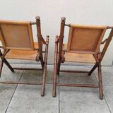 Vintage leather and wood folding chair SAFARI pair