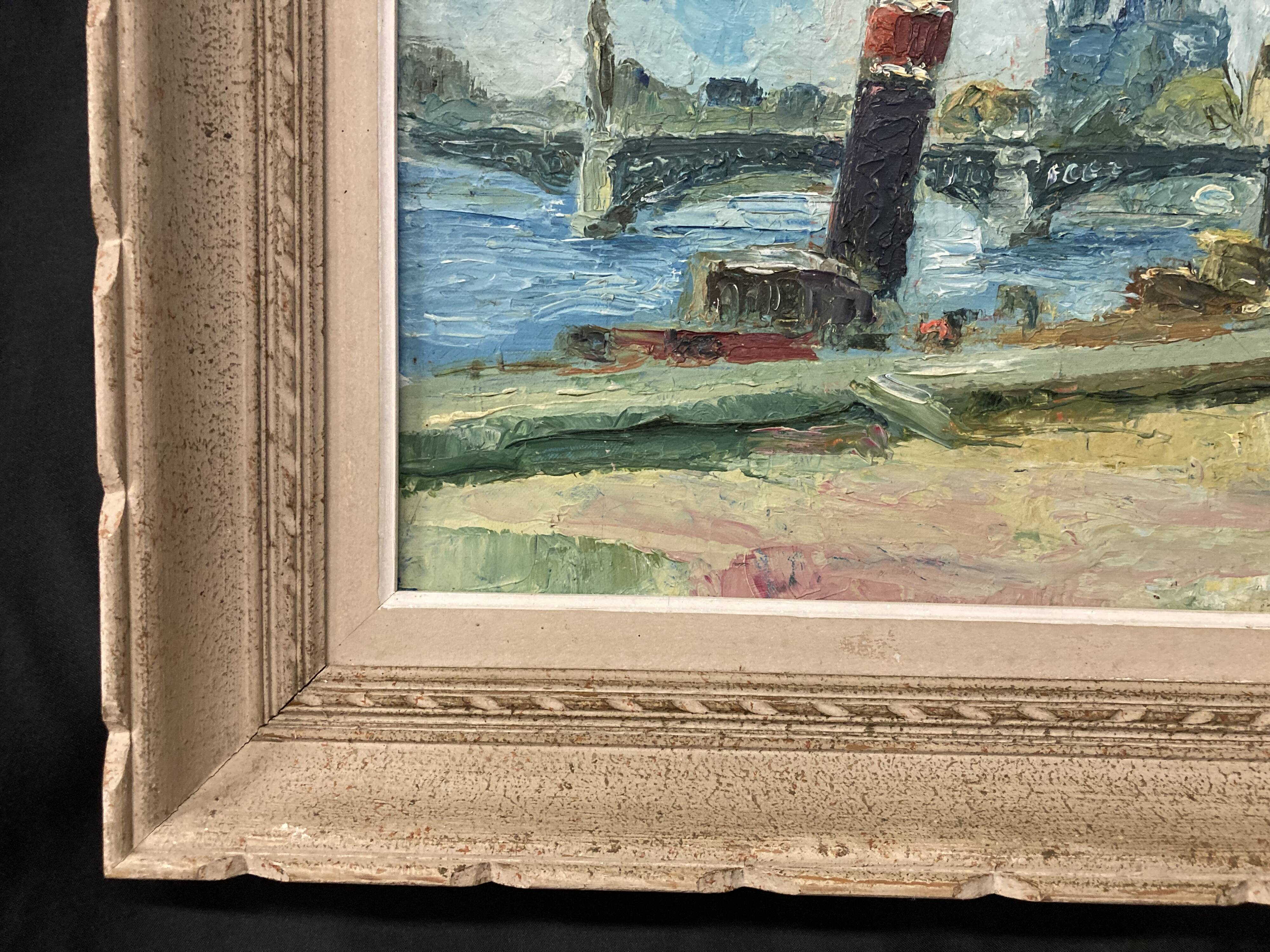 Parisian barge at the quayside, oil on canvas mounted
