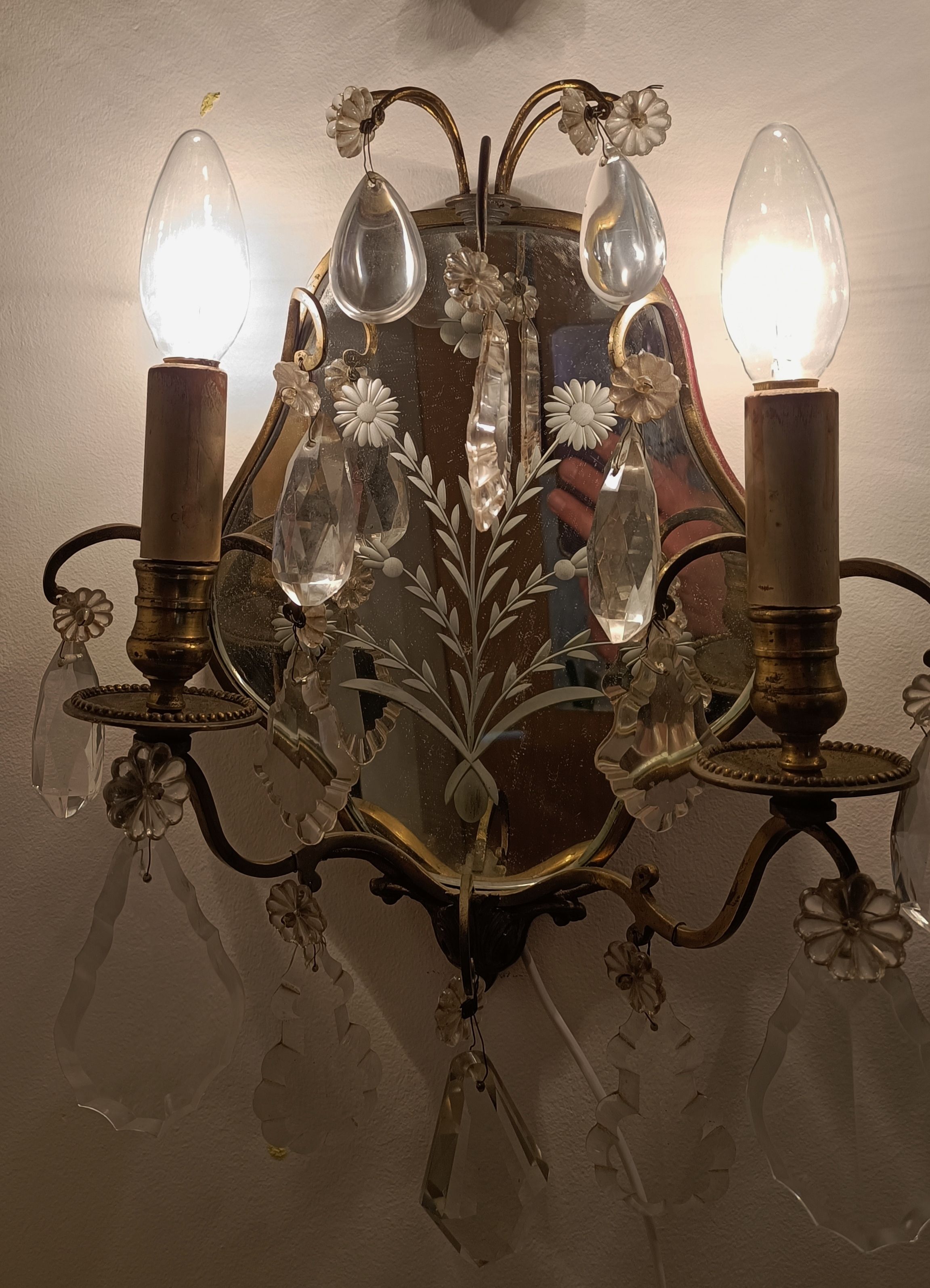Pair of mirror sconces with two arms of light with gilded brass grapevines, Italy 1960.