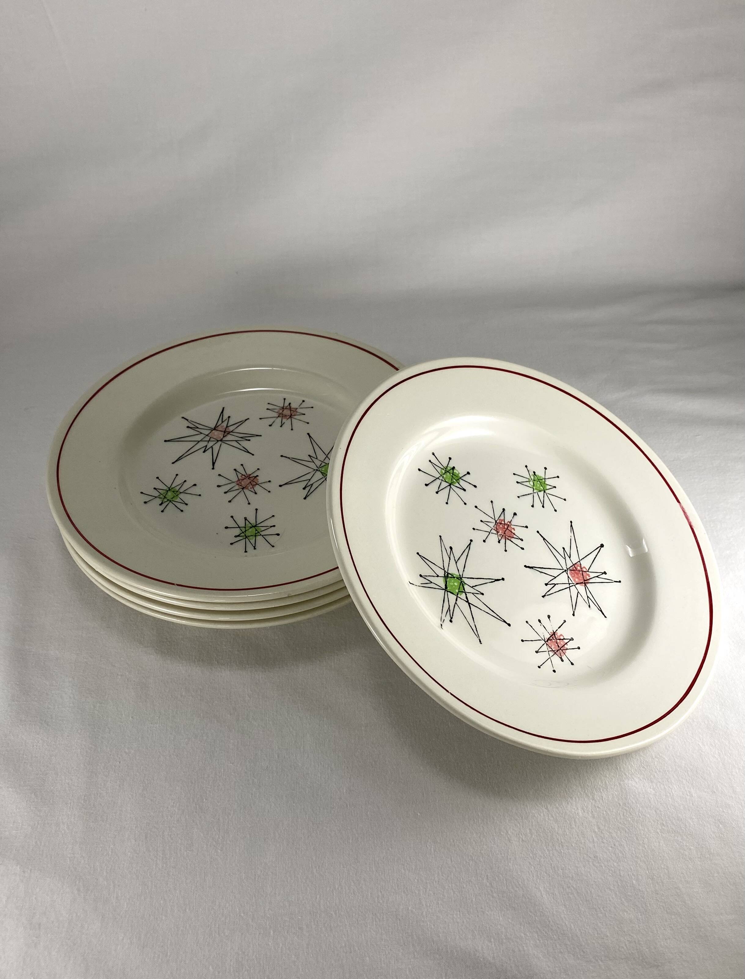 Ensemble de 5 assiettes à dessert vintage Gien des années 1950 avec motif Comètes