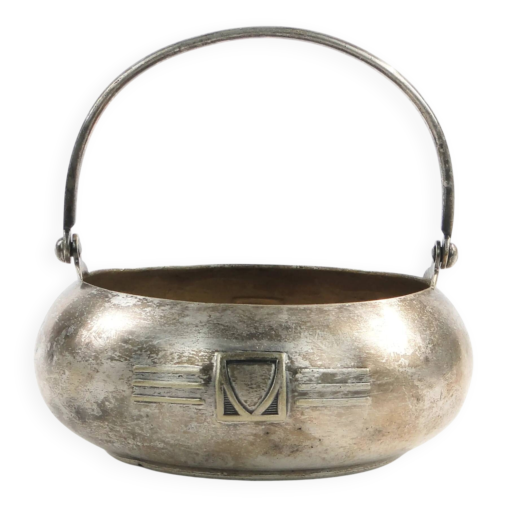 Art Deco sugar bowl, silver-plated brass, Henneberg Brothers, Poland, 1920s