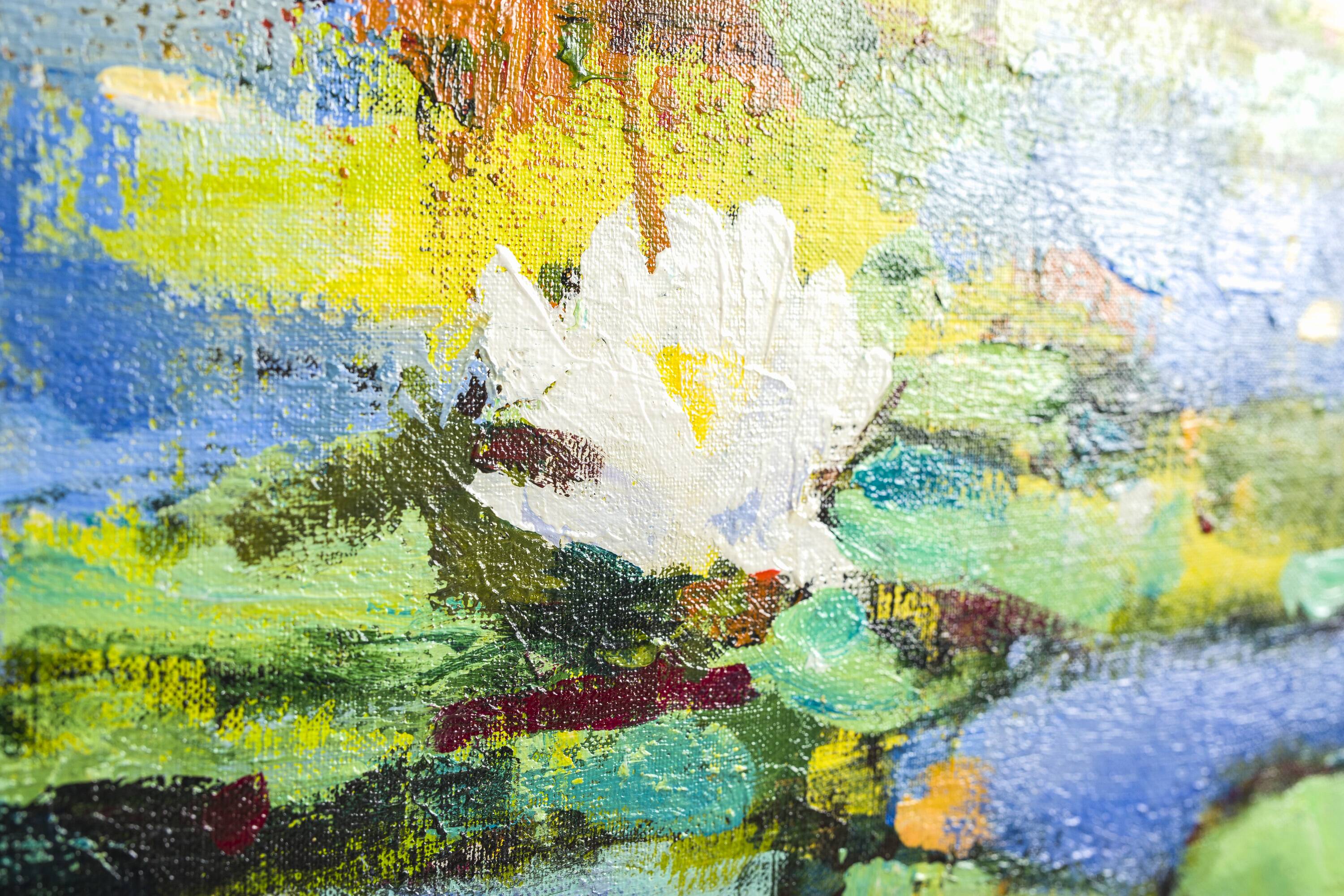 Huile sur toile Nymphéas par H. Hess, années 1980