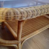 Vintage wicker coffee table and transparent glass tray