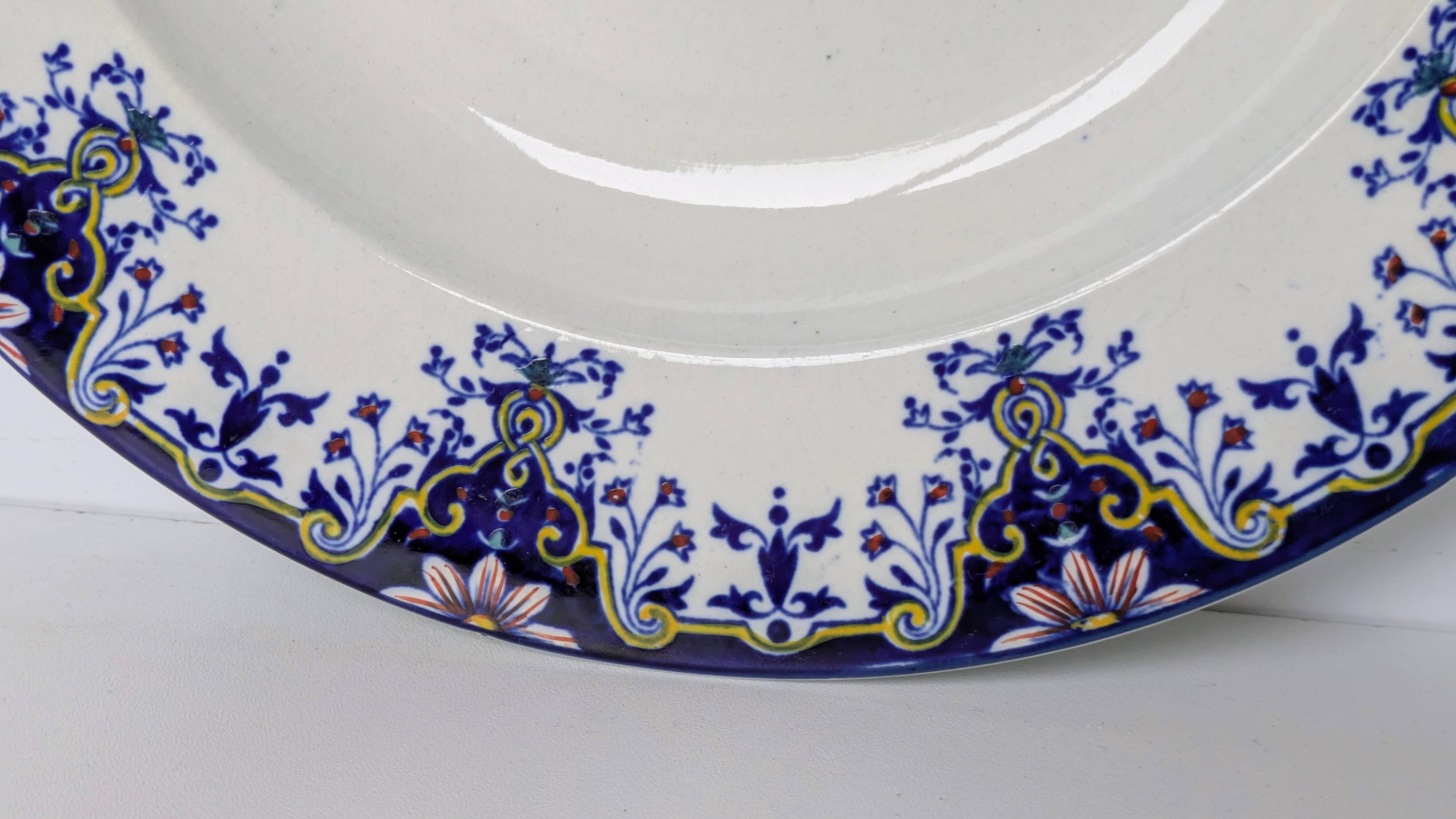 Hollow Plate in Earthenware - "Rouen Style" Decor - JVB Brand - Late 19th Century