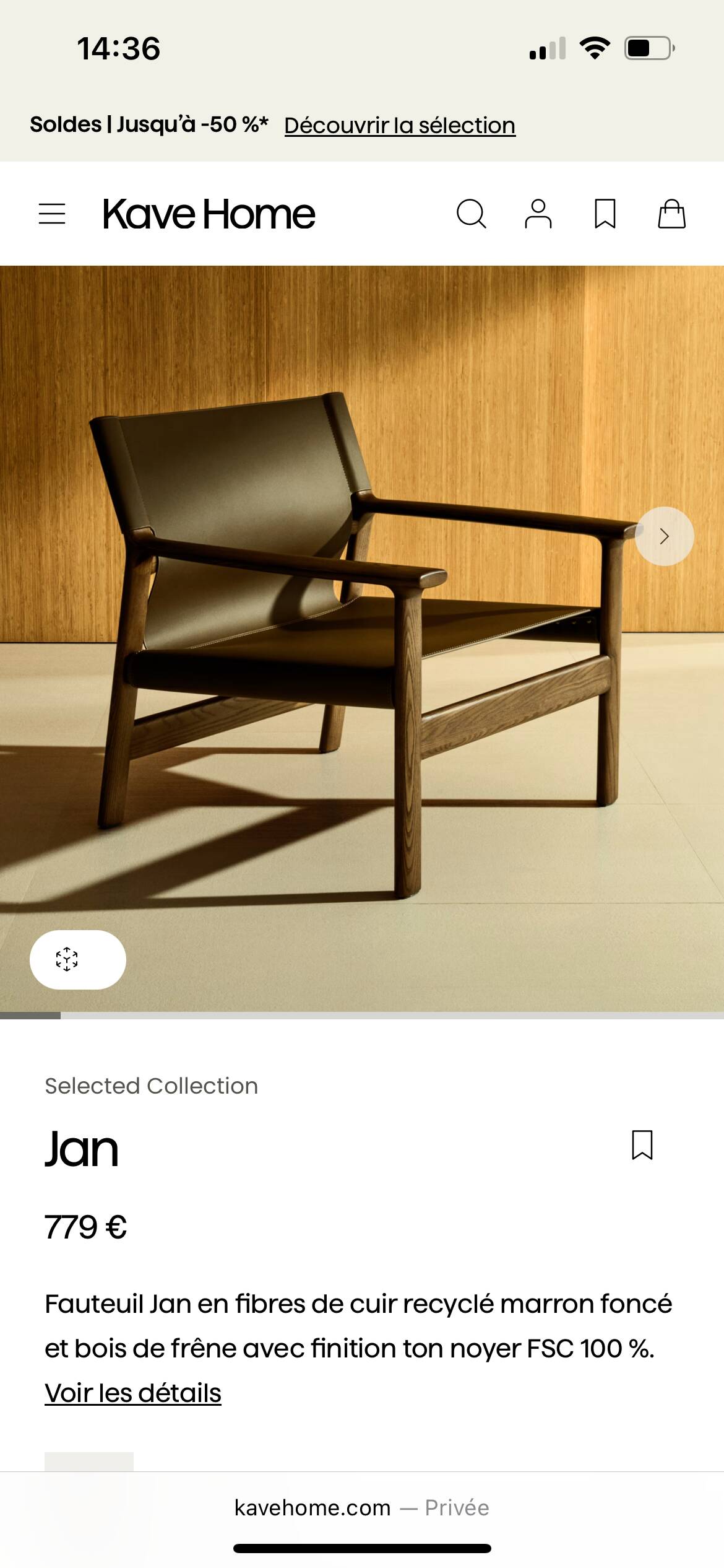 Leather and ash armchair in walnut brown (new)