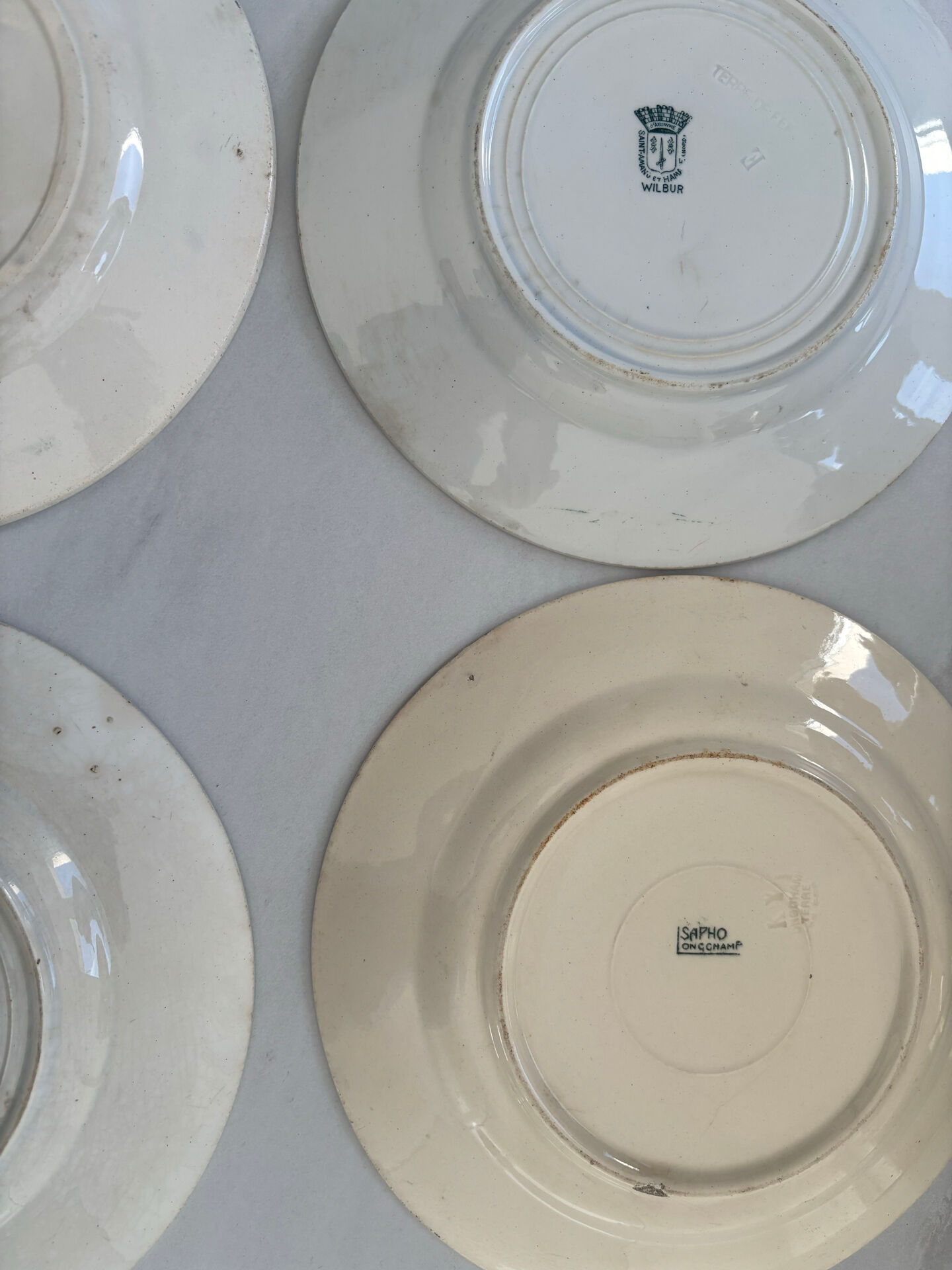 Lot of 6 green ironstone plates, antique French faience.