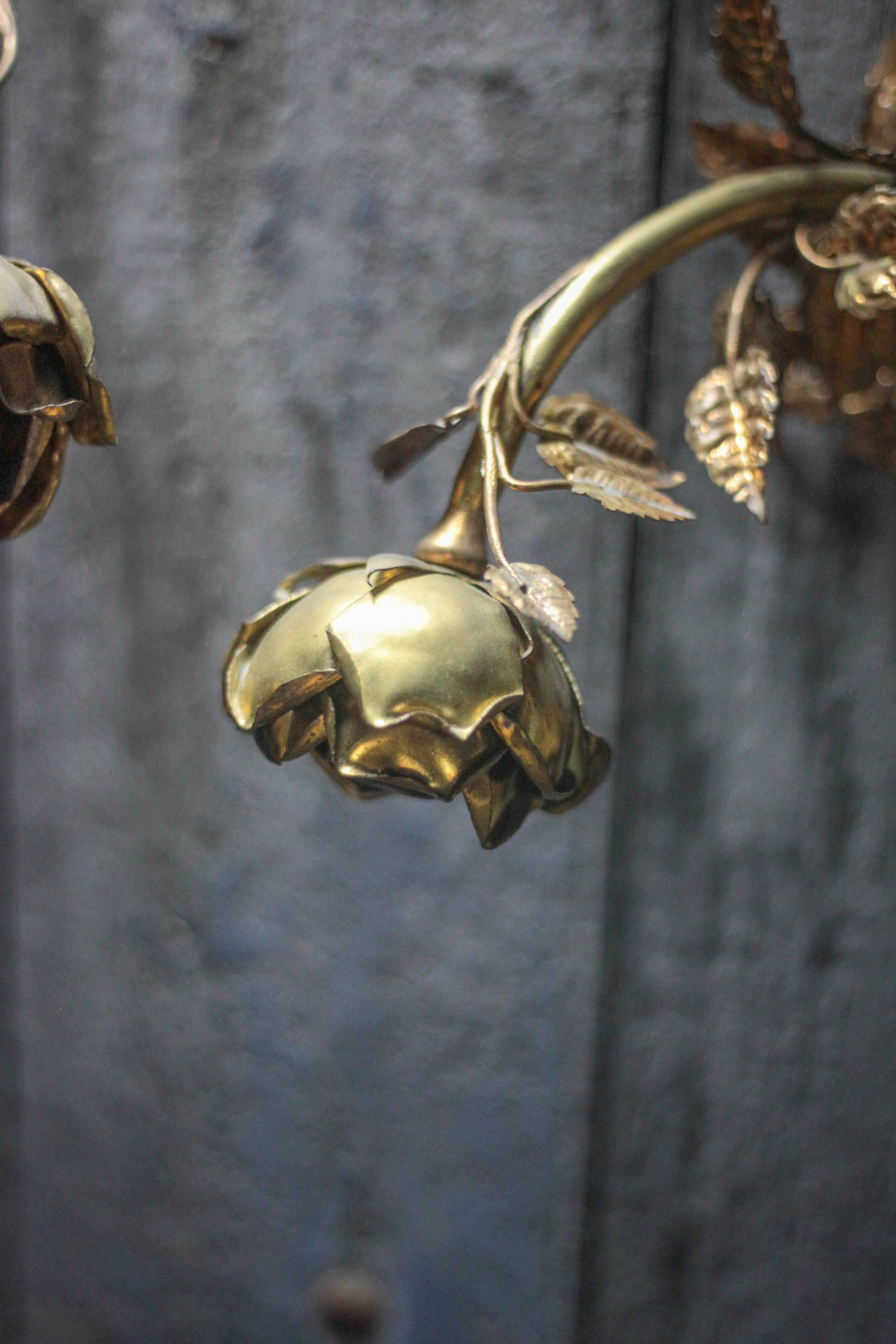 Pair of bronze and gold metal floral wall sconces, flower wall lamp.