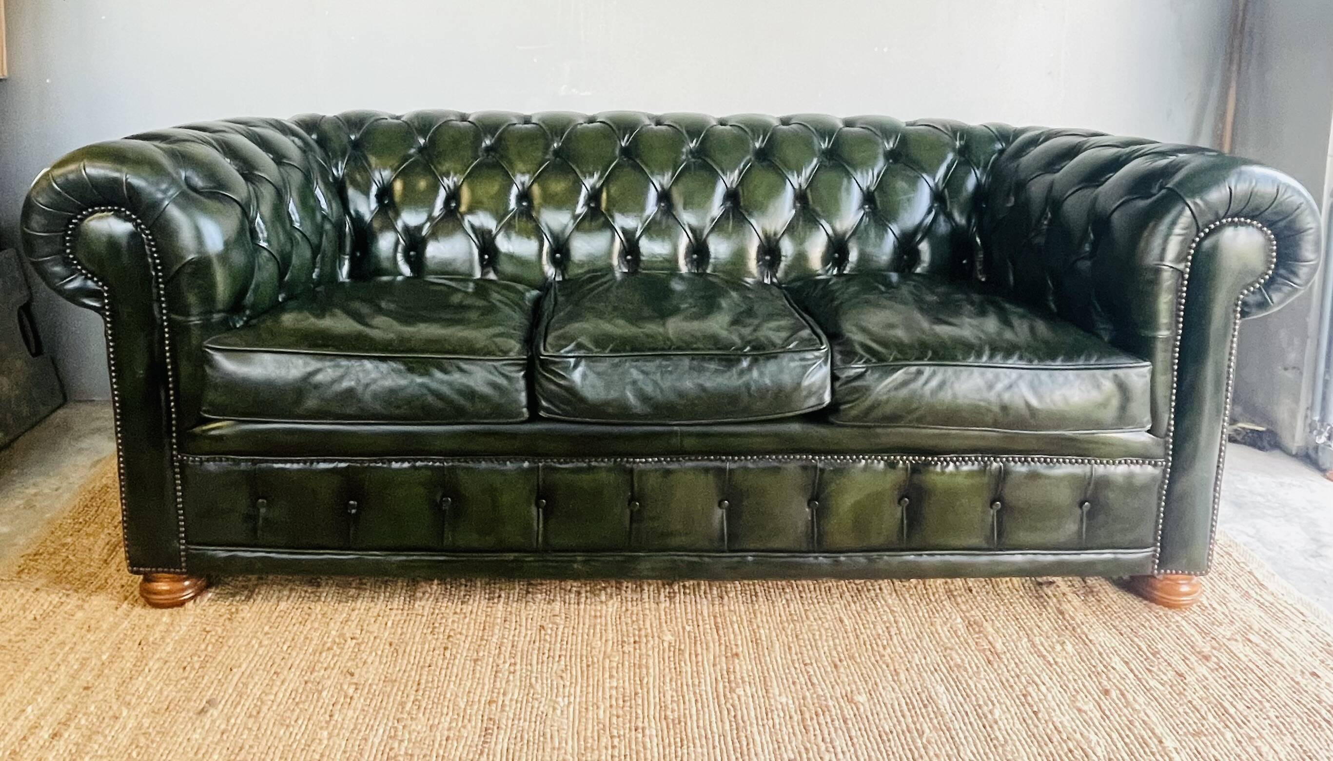 Chesterfield 3 seater sofa in English green leather