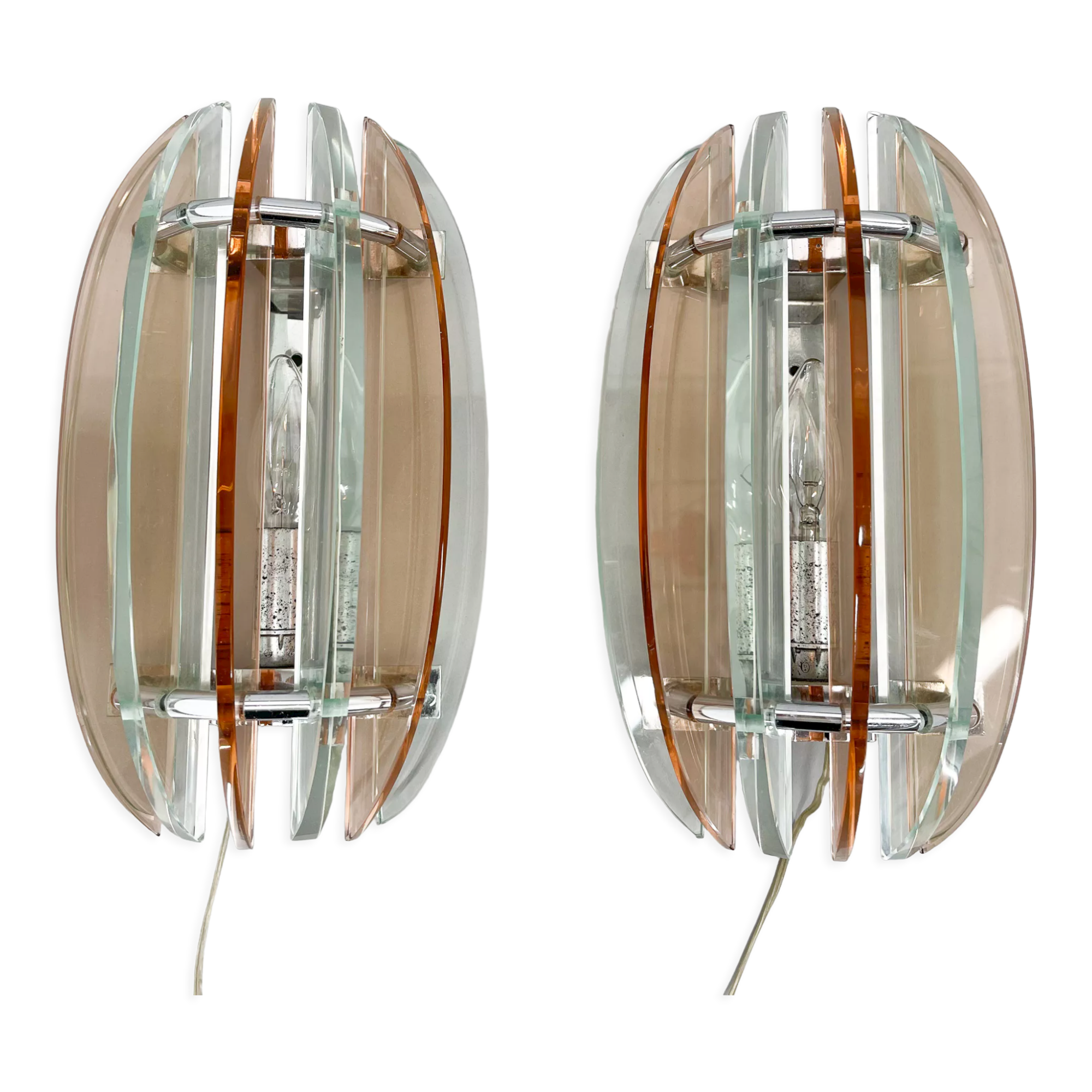 Pair of Italian Murano Glass & Chrome Sconces by Veca, Marked