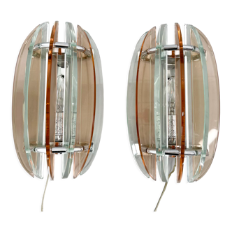 Pair of Italian Murano Glass & Chrome Sconces by Veca, Marked