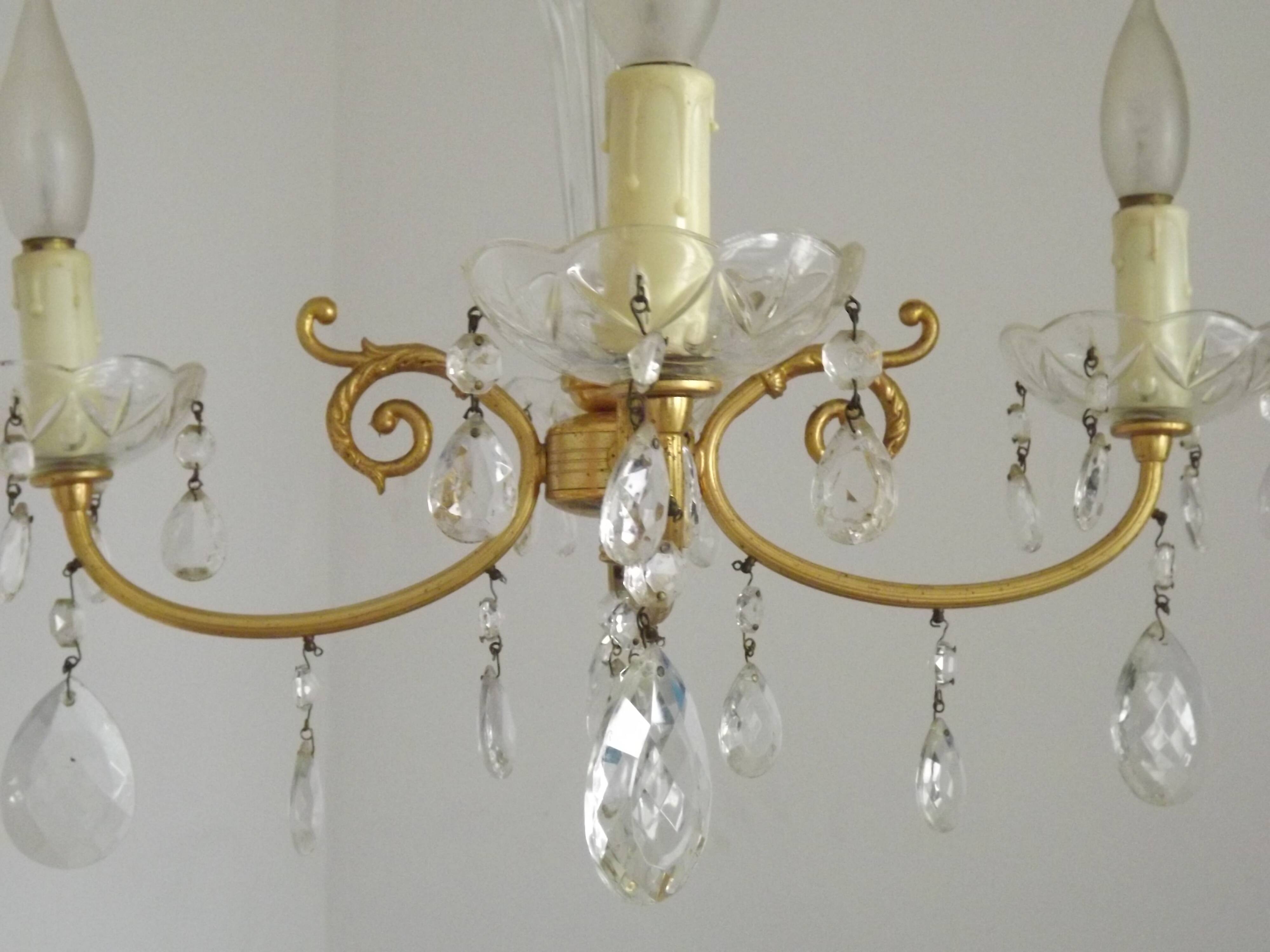 Mid-century brass, glass, and crystal chandelier with 4 lights 5099