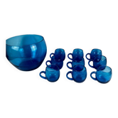 Punch service for 9 people in Biot style, cobalt blue bubble glass, 1970.